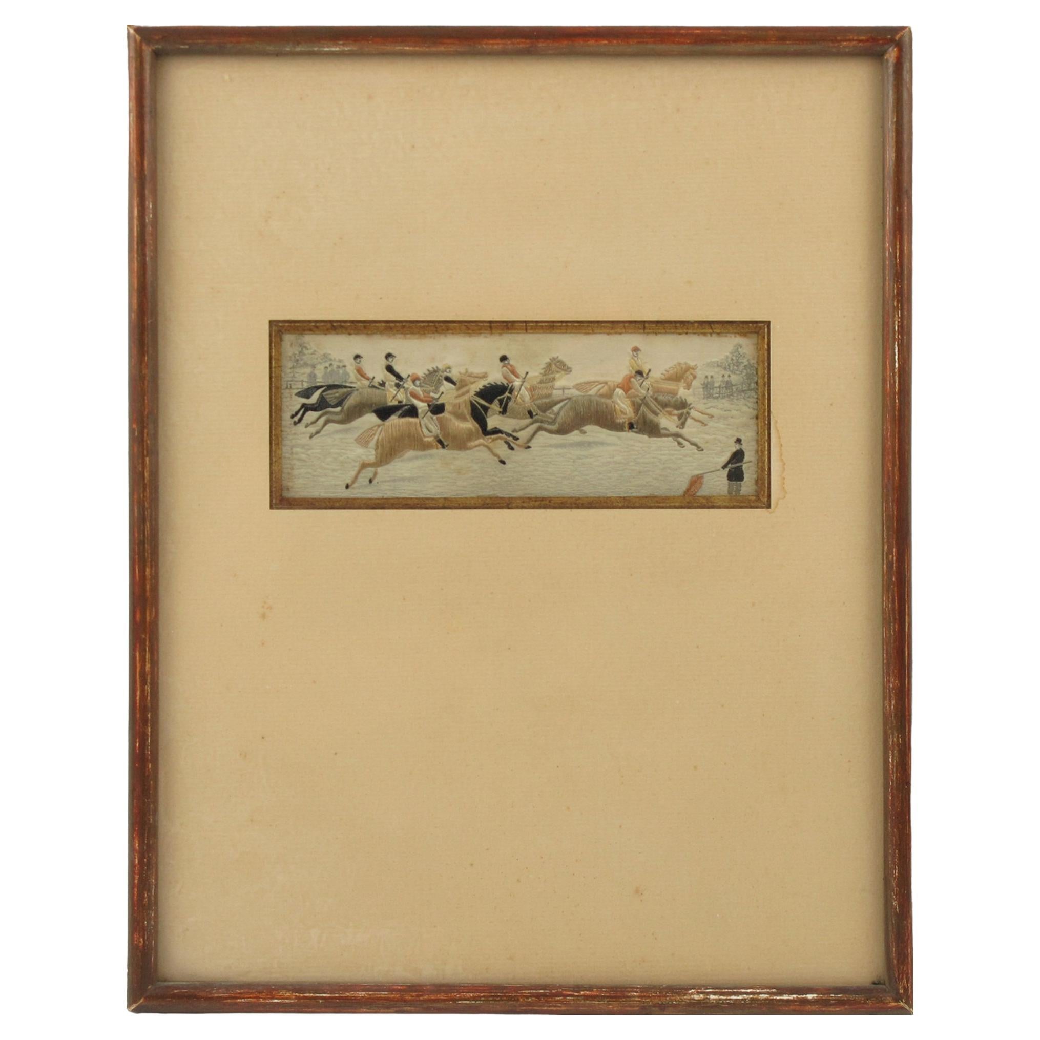 Napoleon III Silk Embroidery Artwork with Horse Race Scene, circa 1880 For Sale