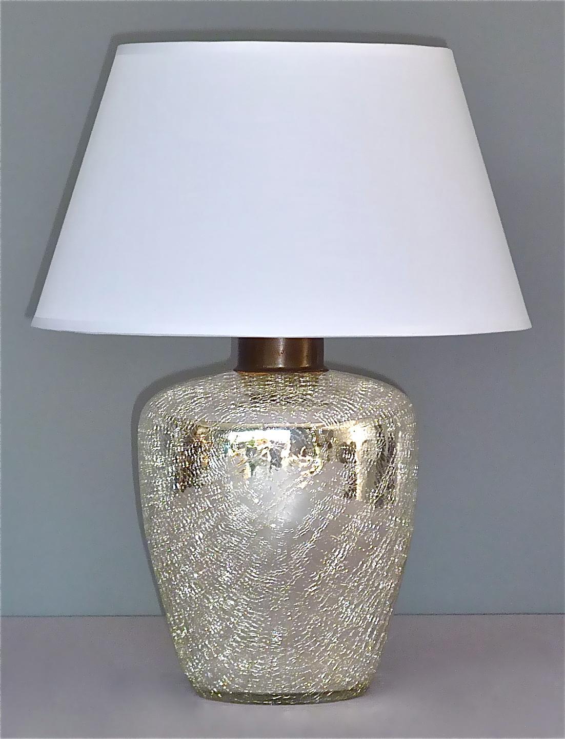 Rare Silver Art Deco Table Lamp Crackle Glass White Fabric Modernism France 1930 For Sale 7