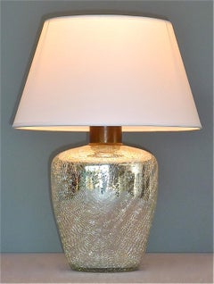 Rare Silver Art Deco Table Lamp Crackle Glass White Fabric Modernism France 1930