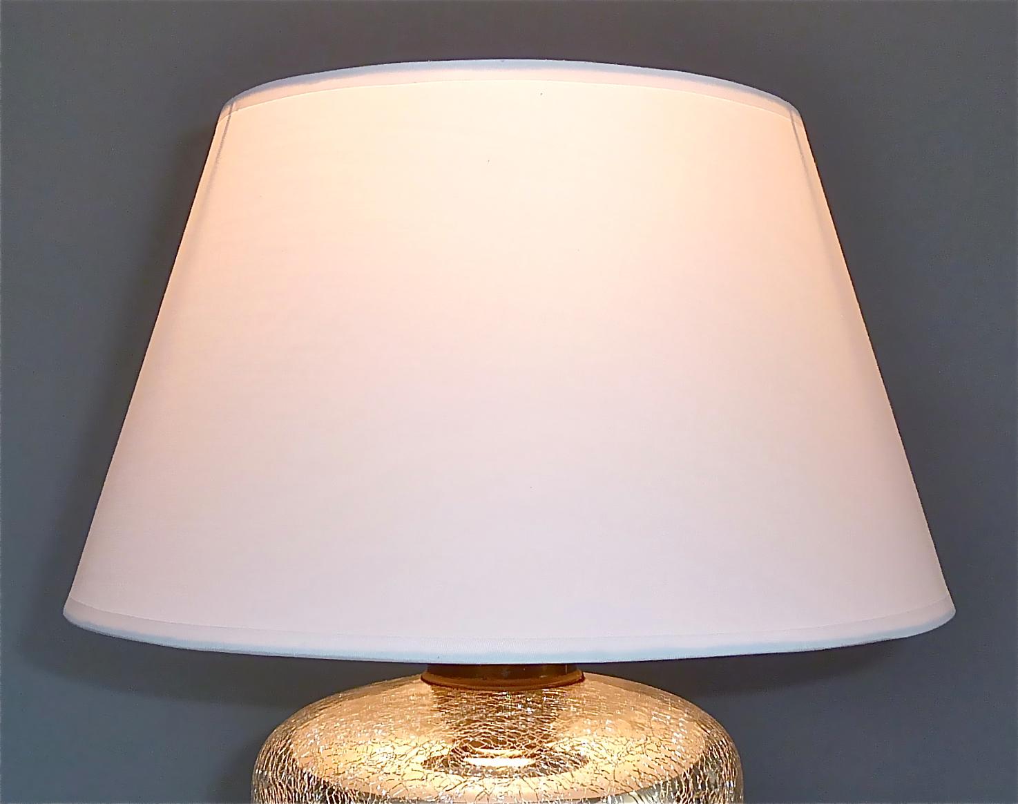 French Rare Silver Art Deco Table Lamp Crackle Glass White Fabric Modernism France 1930 For Sale