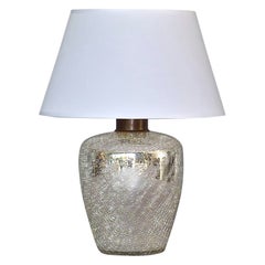 Rare Silver Art Deco Table Lamp Crackle Glass White Fabric Modernism France 1930