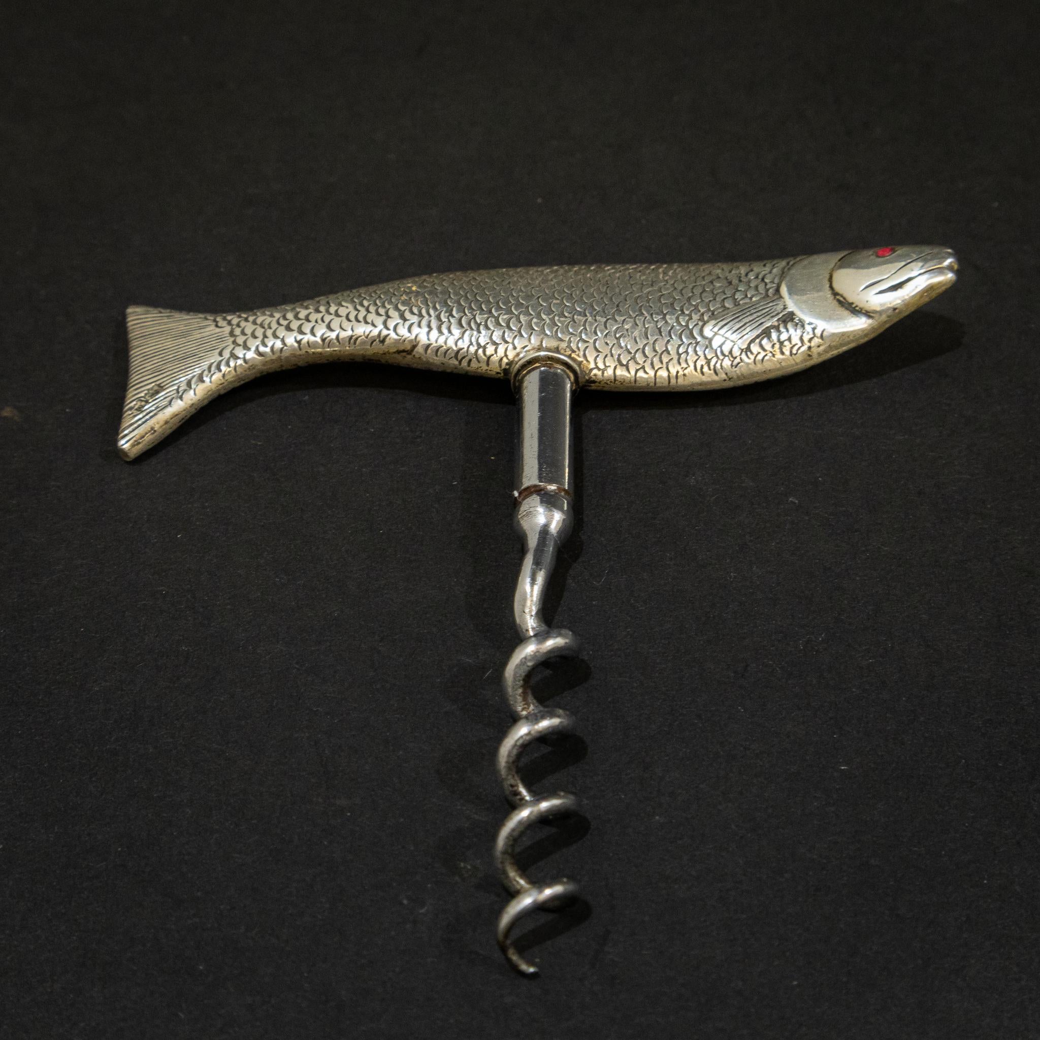 English Rare Silver Fish Corkscrew For Sale
