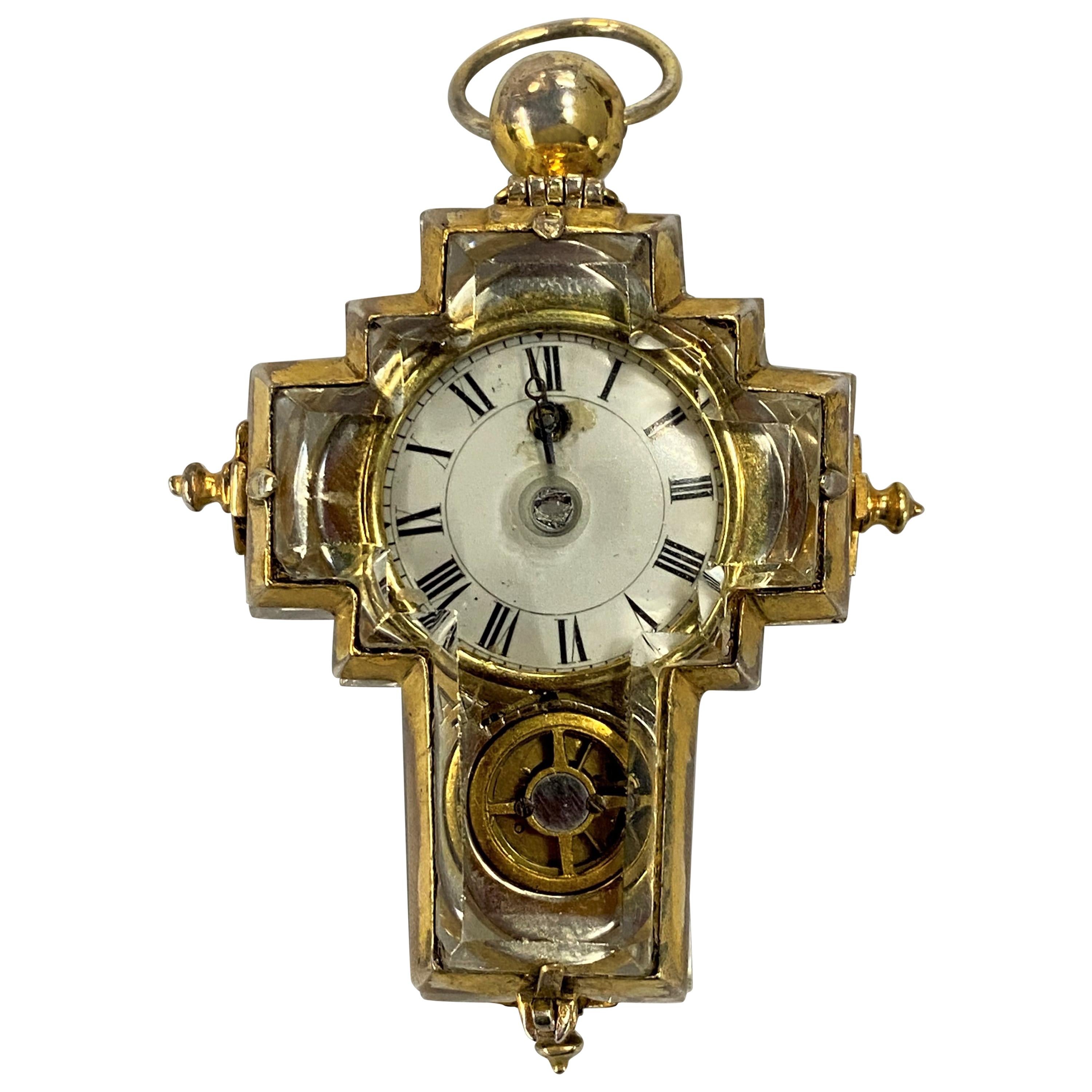 Rare Silver Gilt and Crystal Cruciform Watch with Virgule Escapement