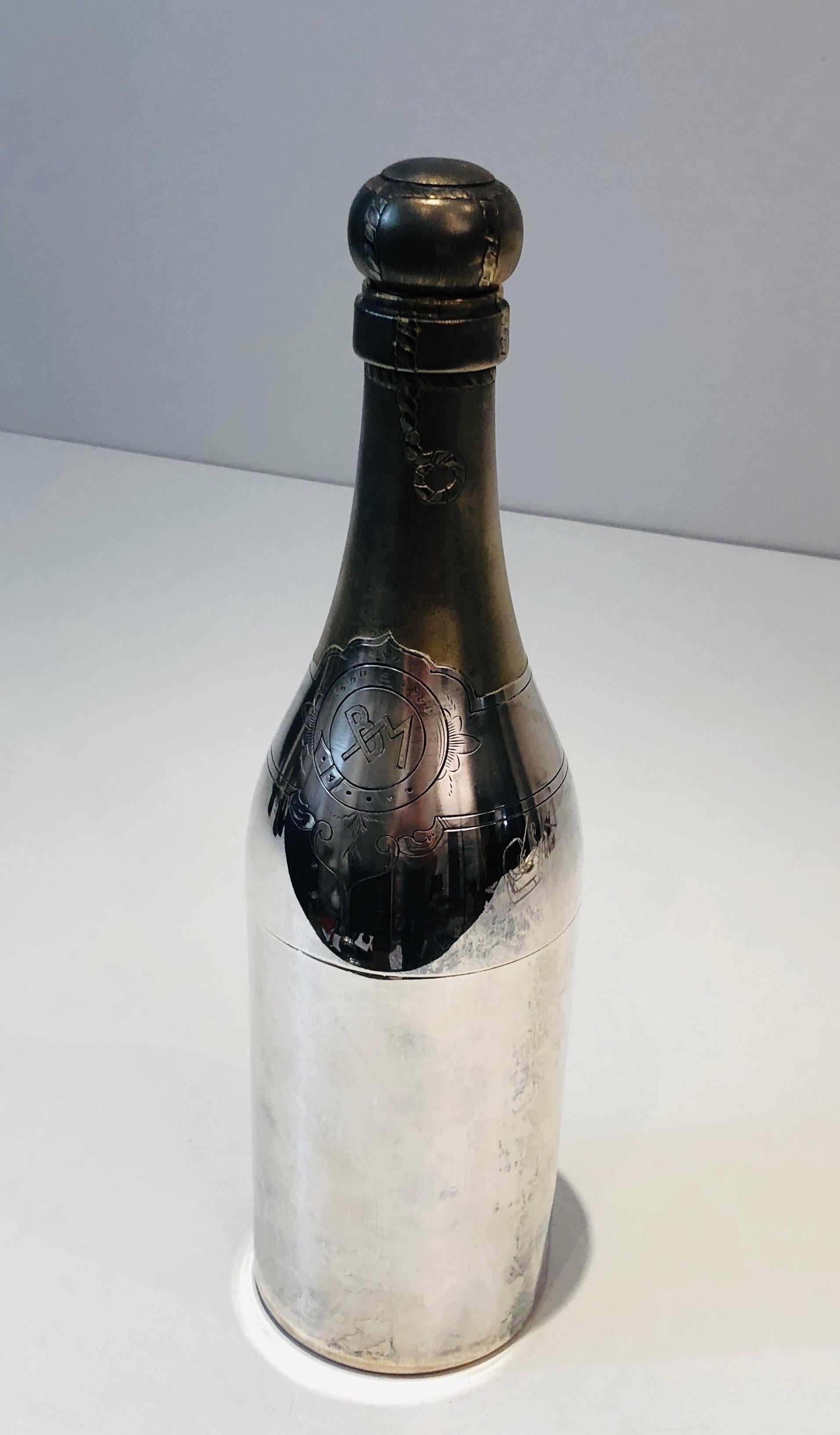 Art Deco Rare Silver Plated and Brass Shaker Presenting a Champagne Bottle, French, Circa For Sale