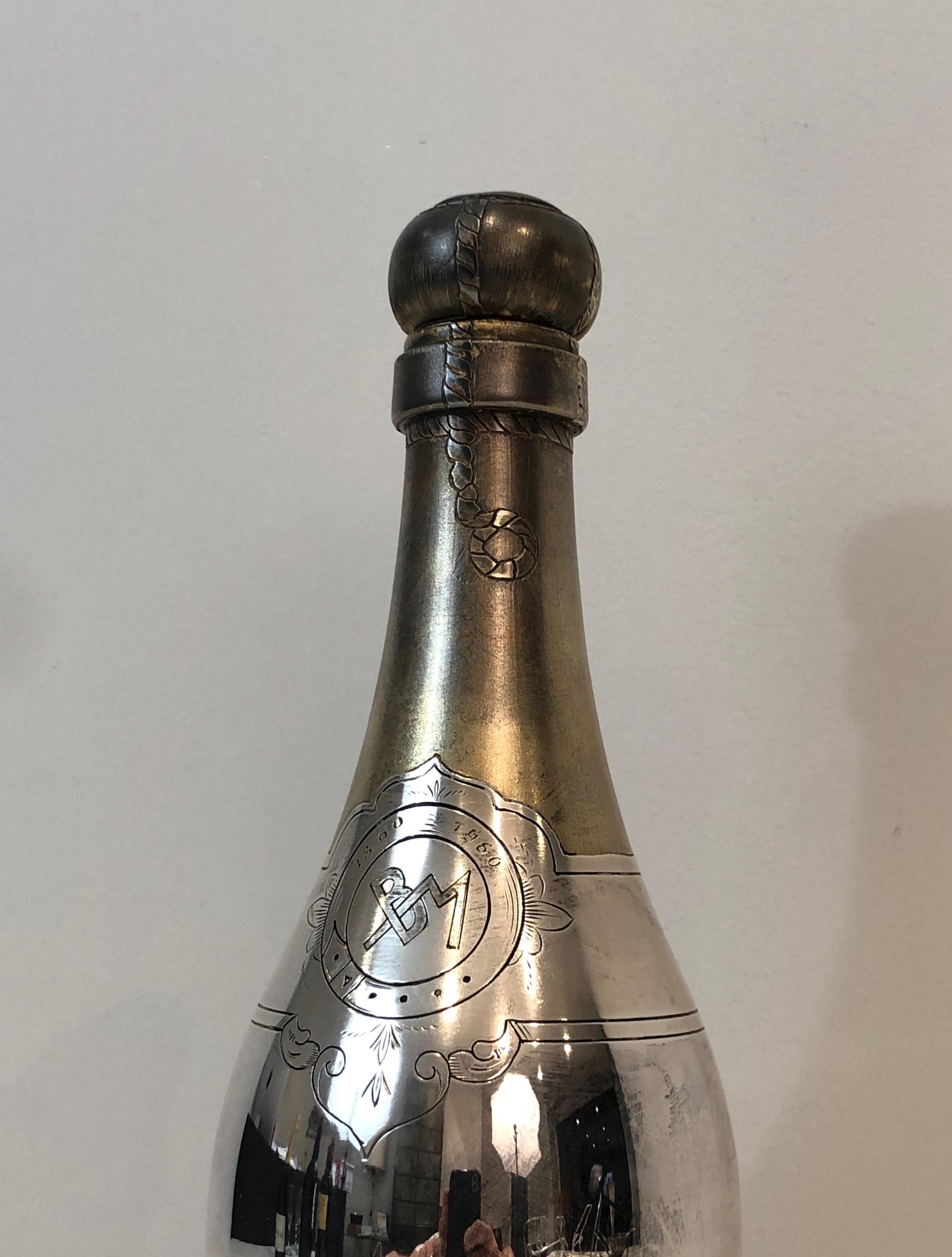 Mid-20th Century Rare Silver Plated and Brass Shaker Presenting a Champagne Bottle, French, Circa For Sale