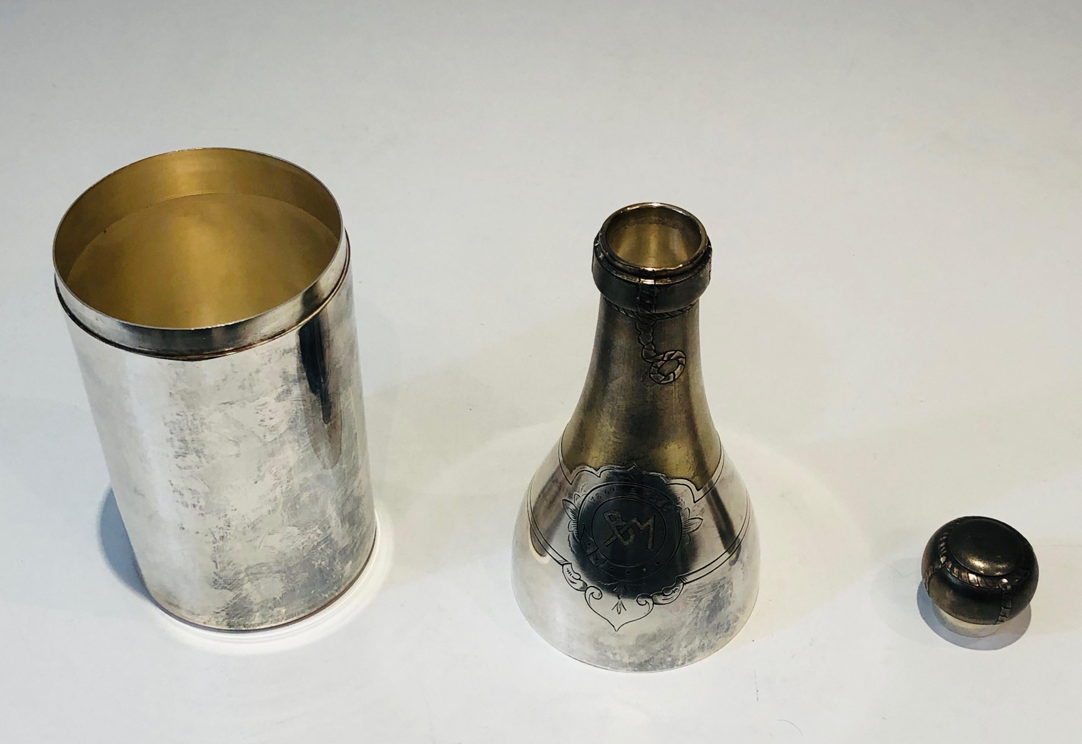 Rare Silver Plated and Brass Shaker Presenting a Champagne Bottle, French, Circa For Sale 3