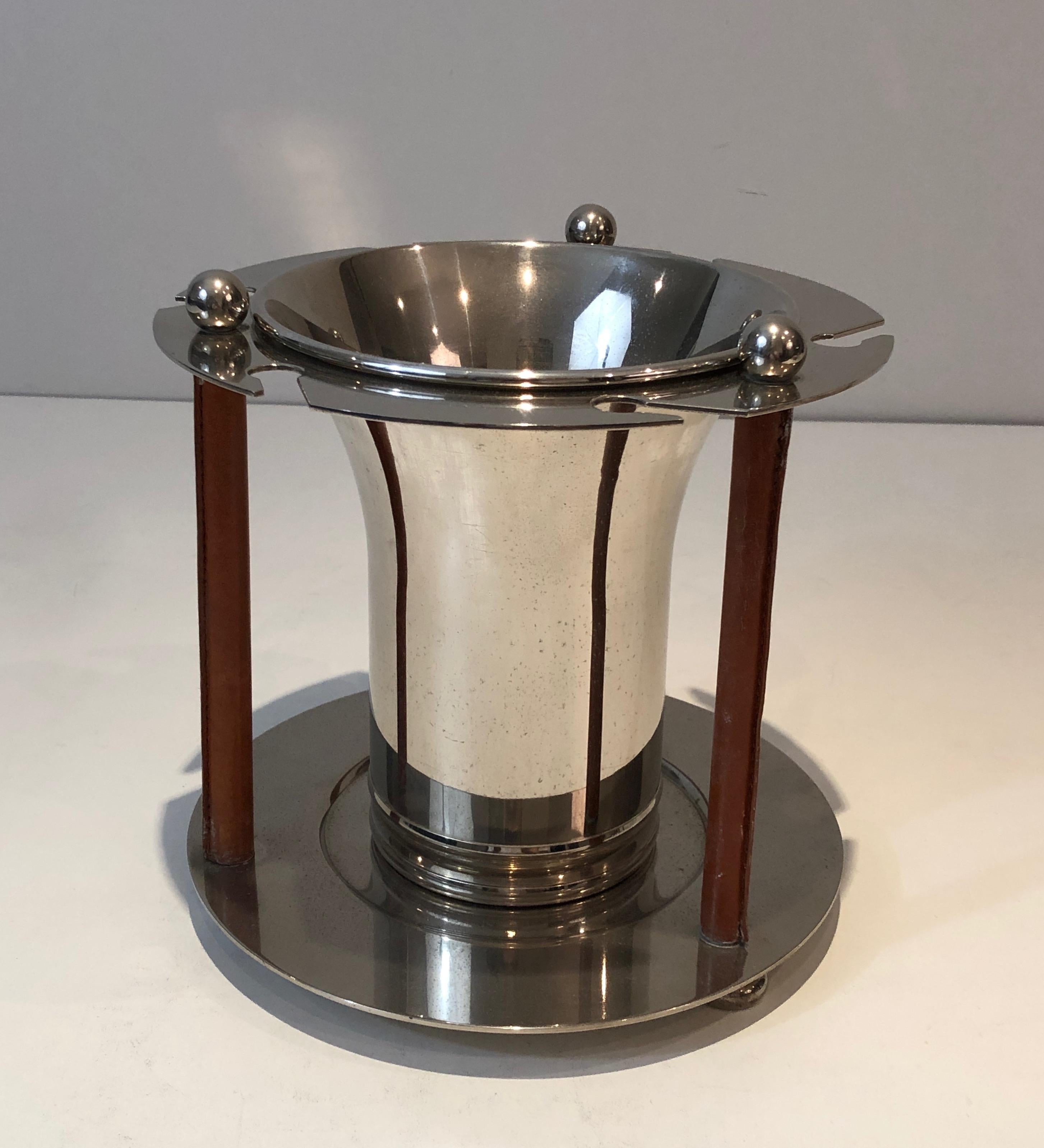 Rare Silver Plated and Leather Champagne Bucket with Flutes Holder, French, Circ For Sale 6