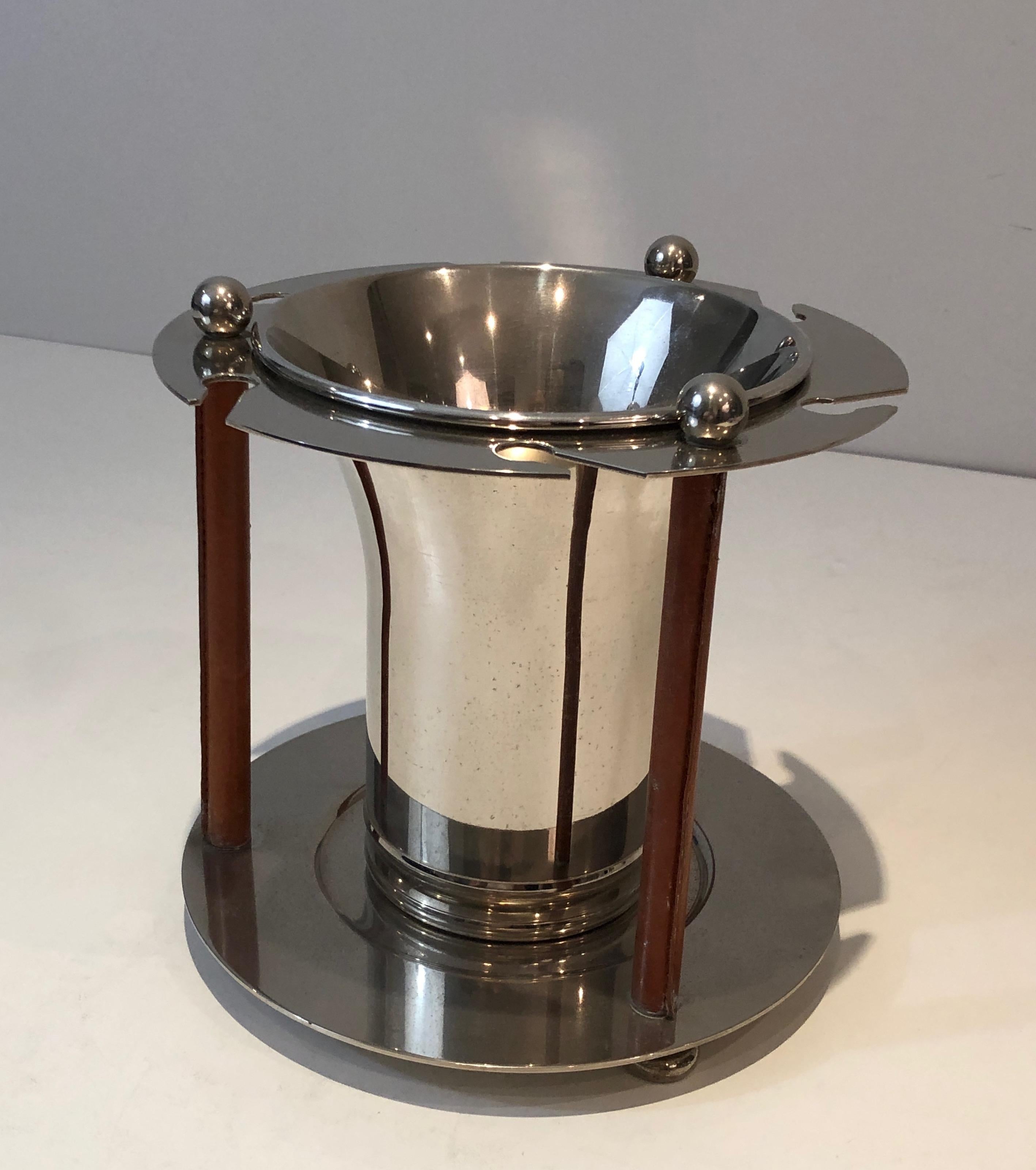 Rare Silver Plated and Leather Champagne Bucket with Flutes Holder, French, Circ For Sale 7