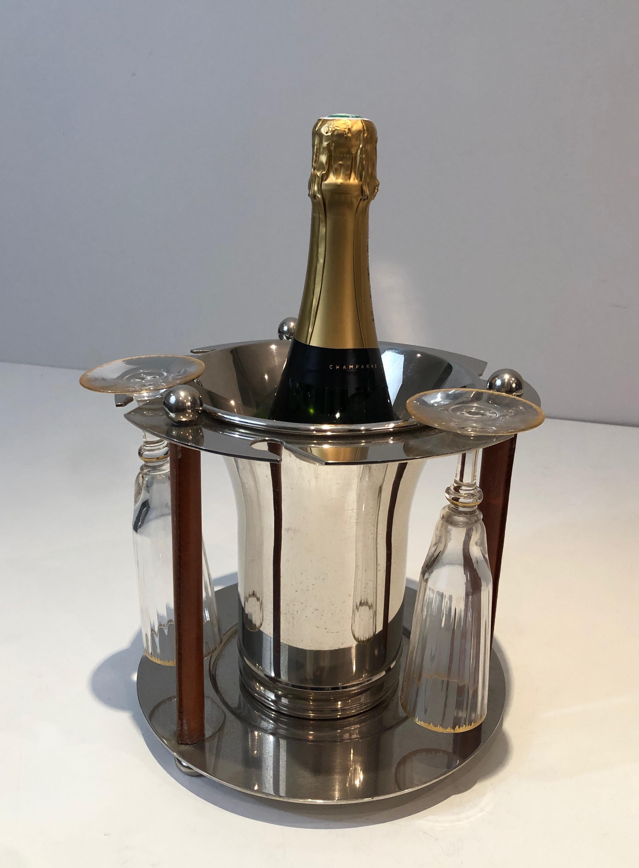 Seltener versilberter und Leder-Champagnerkübel mit Flötenhalter, Französisch, um ca. im Angebot 8
