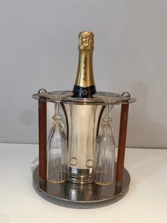 Rare Silver Plated and Leather Champagne Bucket with Flutes Holder, French, Circ