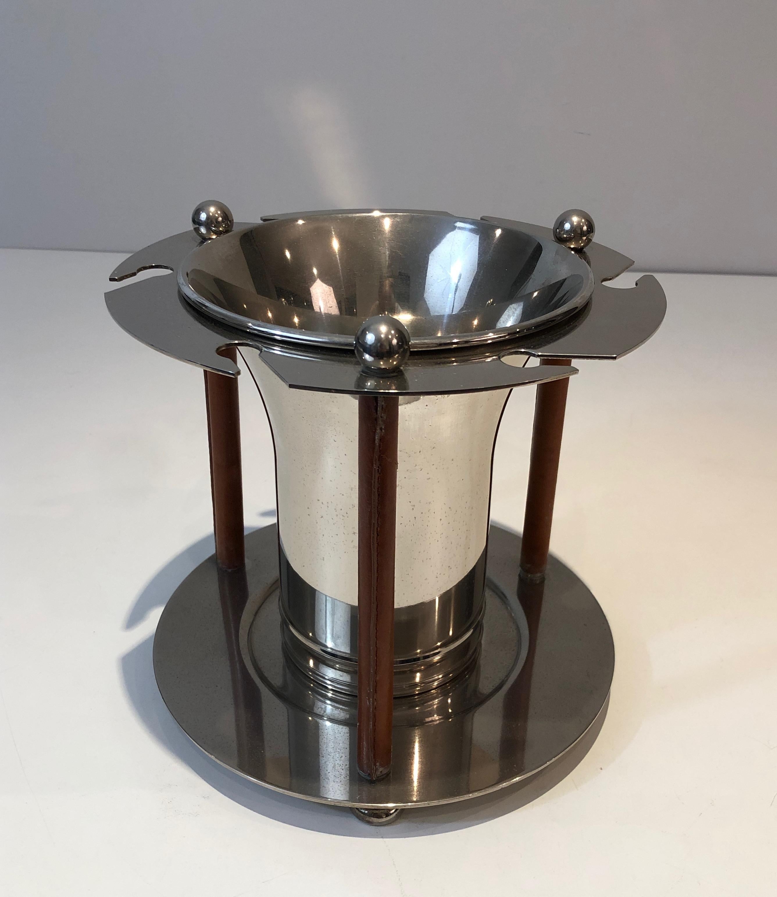 Mid-Century Modern Rare Silver Plated and Leather Champagne Bucket with Flutes Holder, French, Circ For Sale