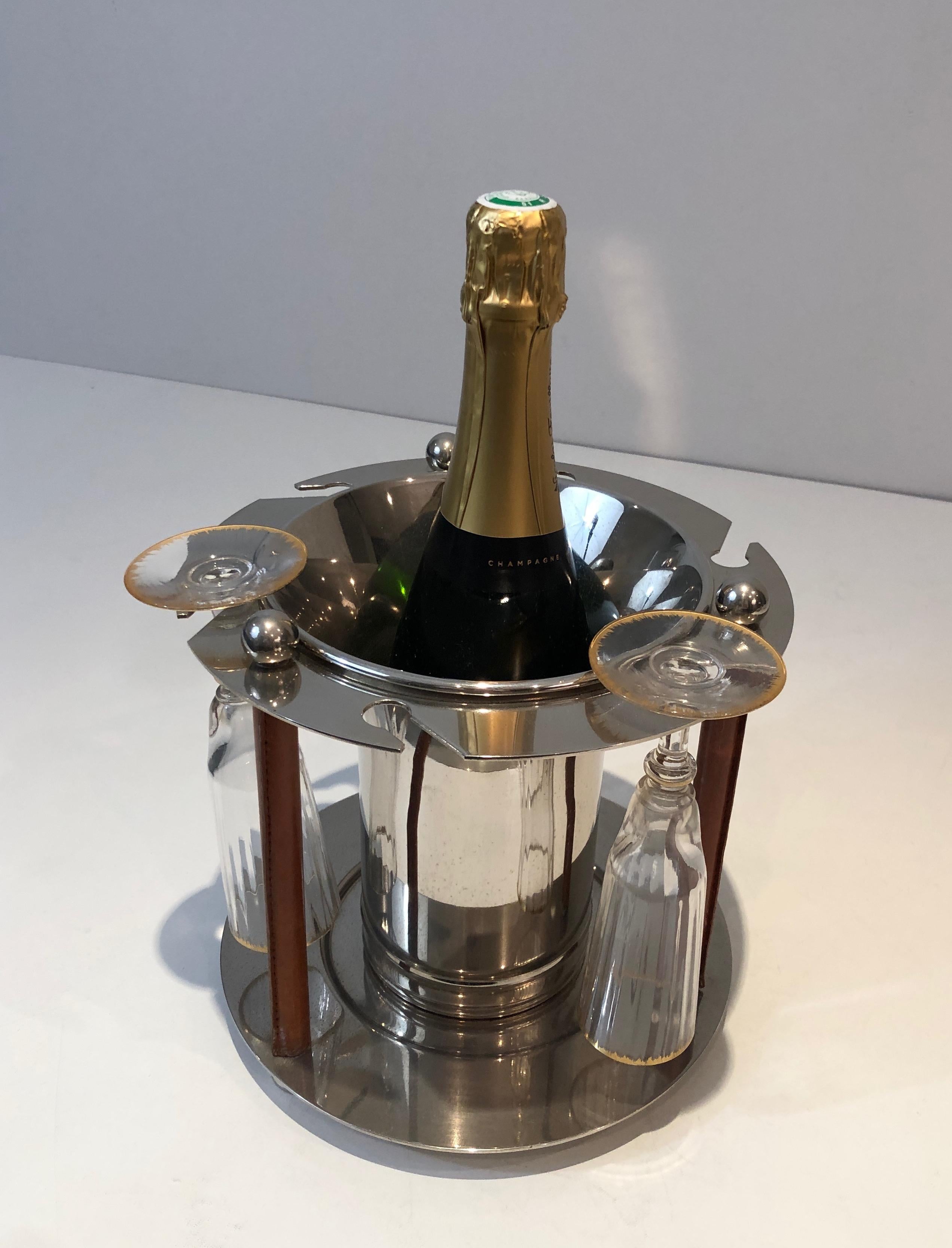 Seltener versilberter und Leder-Champagnerkübel mit Flötenhalter, Französisch, um ca. im Angebot 4
