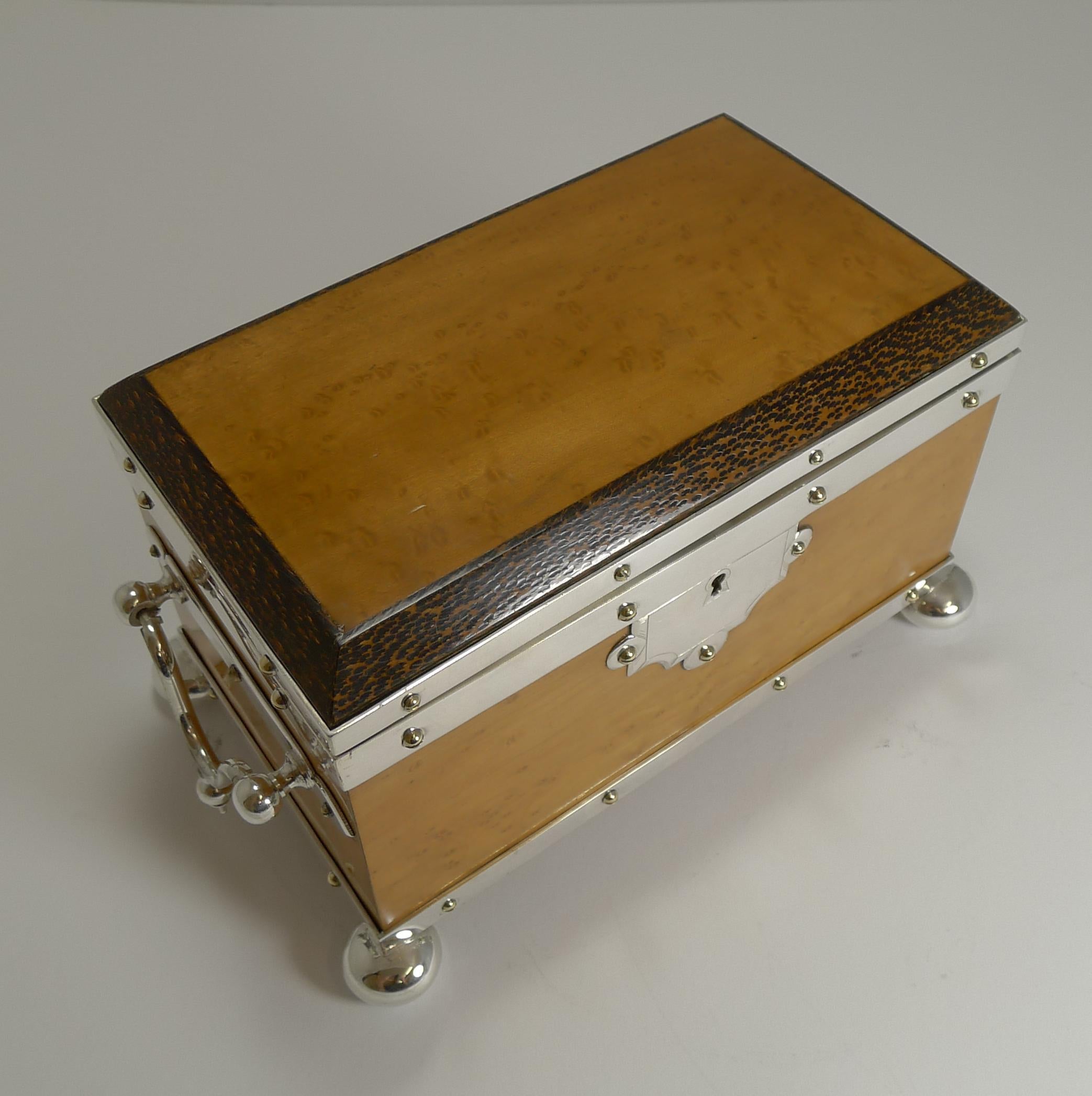 Late Victorian Rare Silver Plated Mounted Bird's-Eye Maple and Palm Wood Tea Caddy, circa 1890