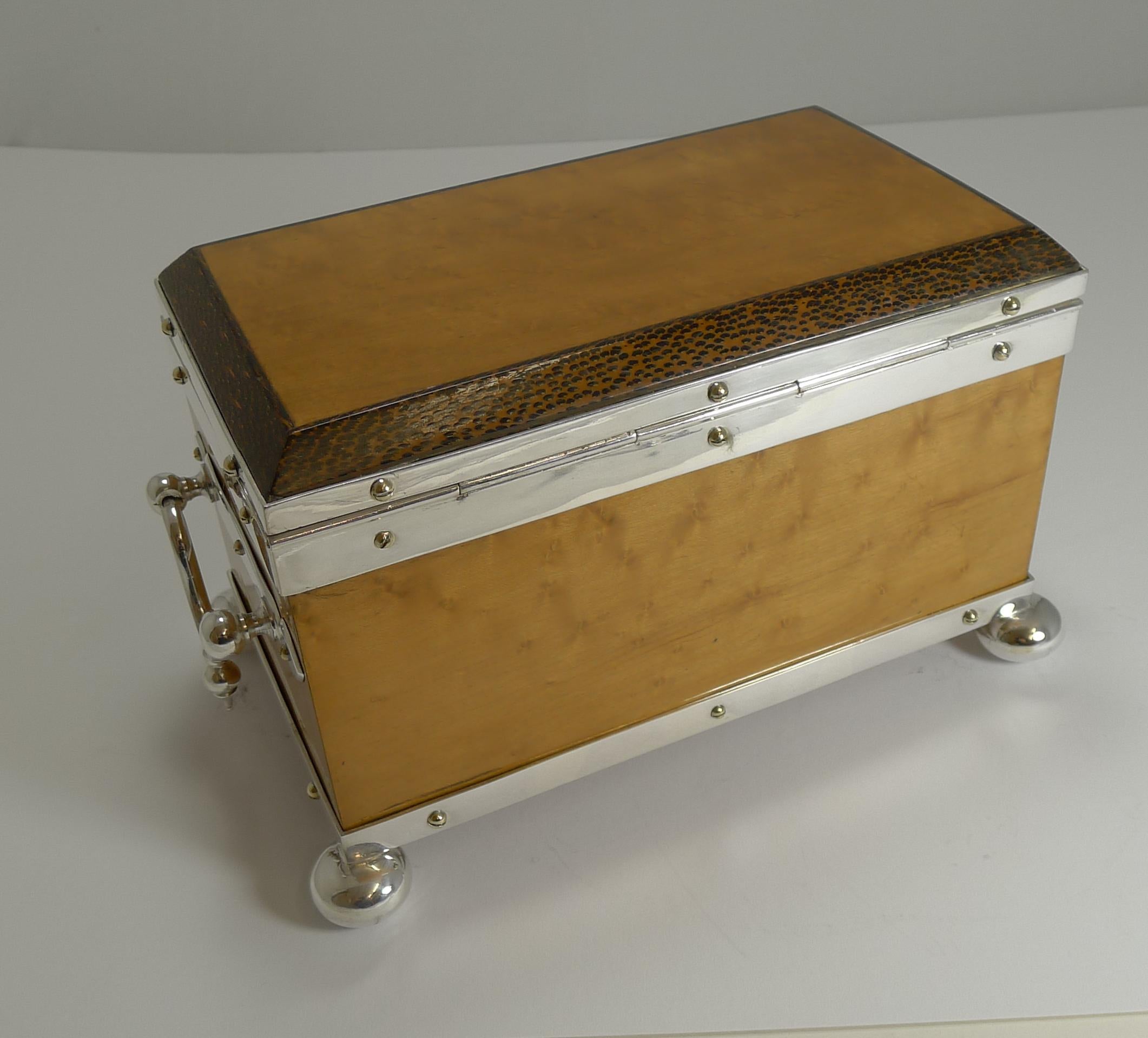 Rare Silver Plated Mounted Bird's-Eye Maple and Palm Wood Tea Caddy, circa 1890 In Excellent Condition In Bath, GB