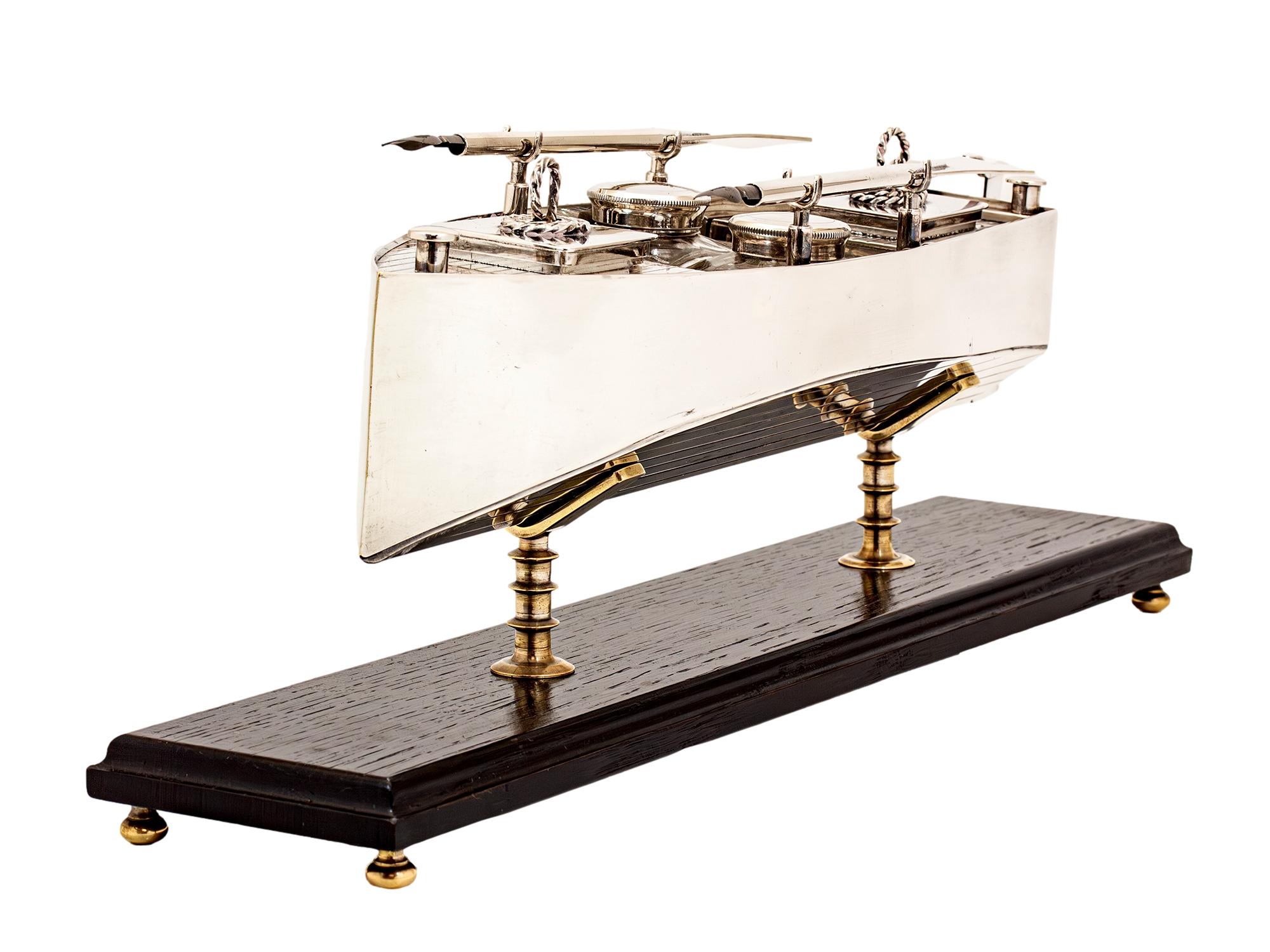 High Victorian Rare Silver Plated Novelty Boat Inkstand Desk Set For Sale