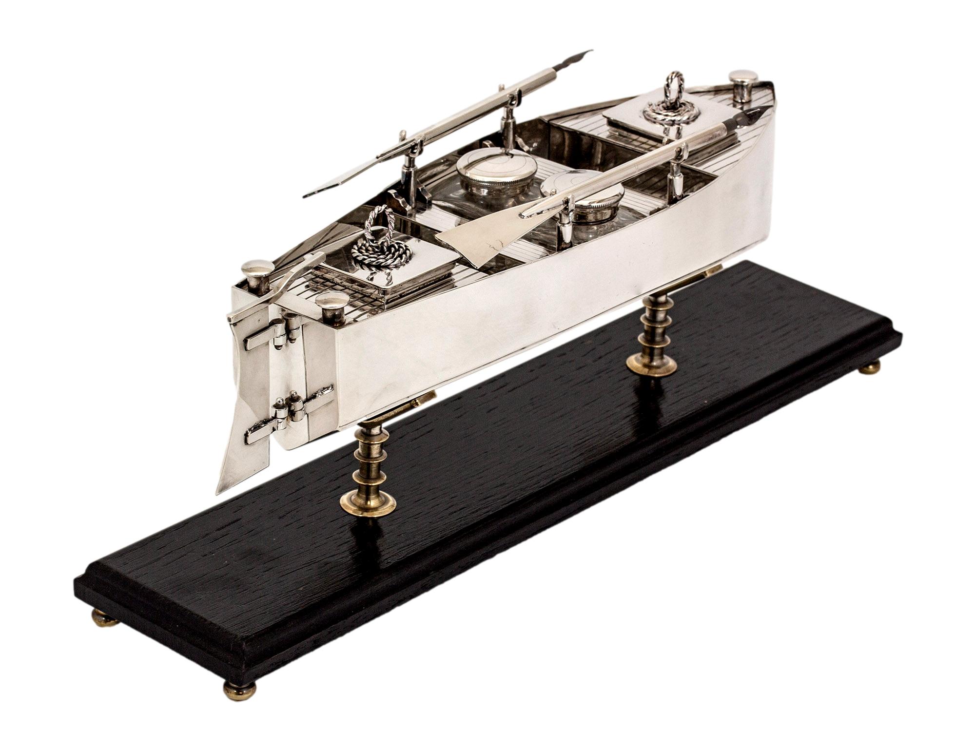 Cast Rare Silver Plated Novelty Boat Inkstand Desk Set For Sale