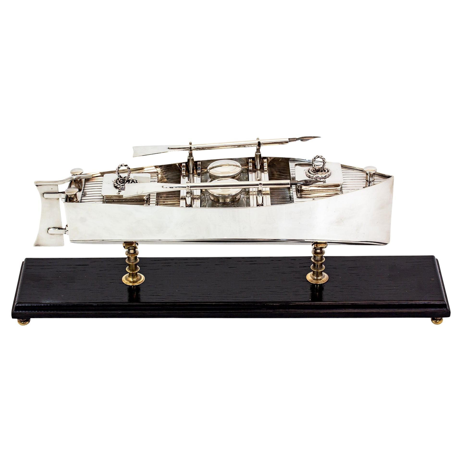 Rare Silver Plated Novelty Boat Inkstand Desk Set