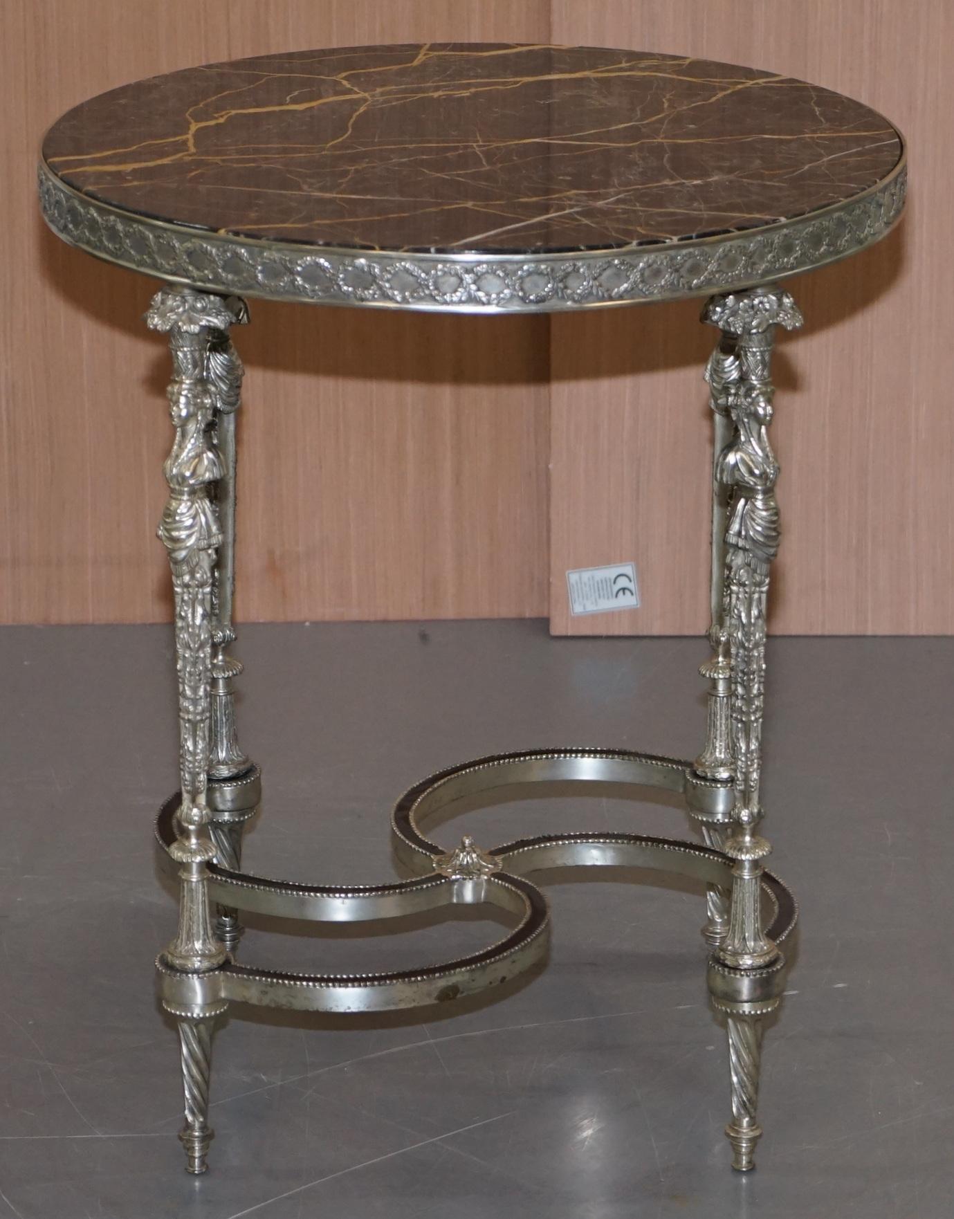 French Provincial Rare Silver Plated Sculpted French Empire Style Marble Topped Occasional Table
