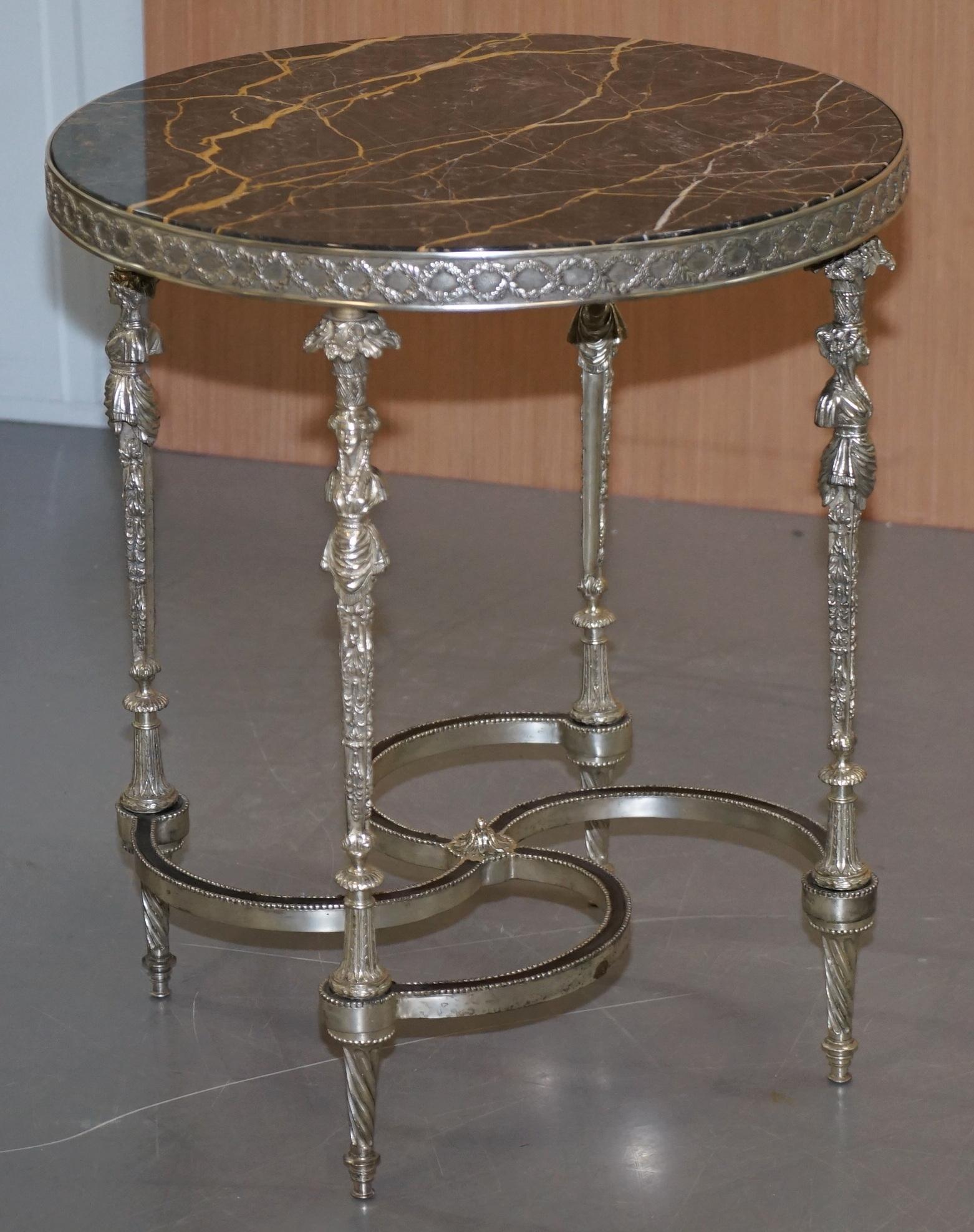 English Rare Silver Plated Sculpted French Empire Style Marble Topped Occasional Table