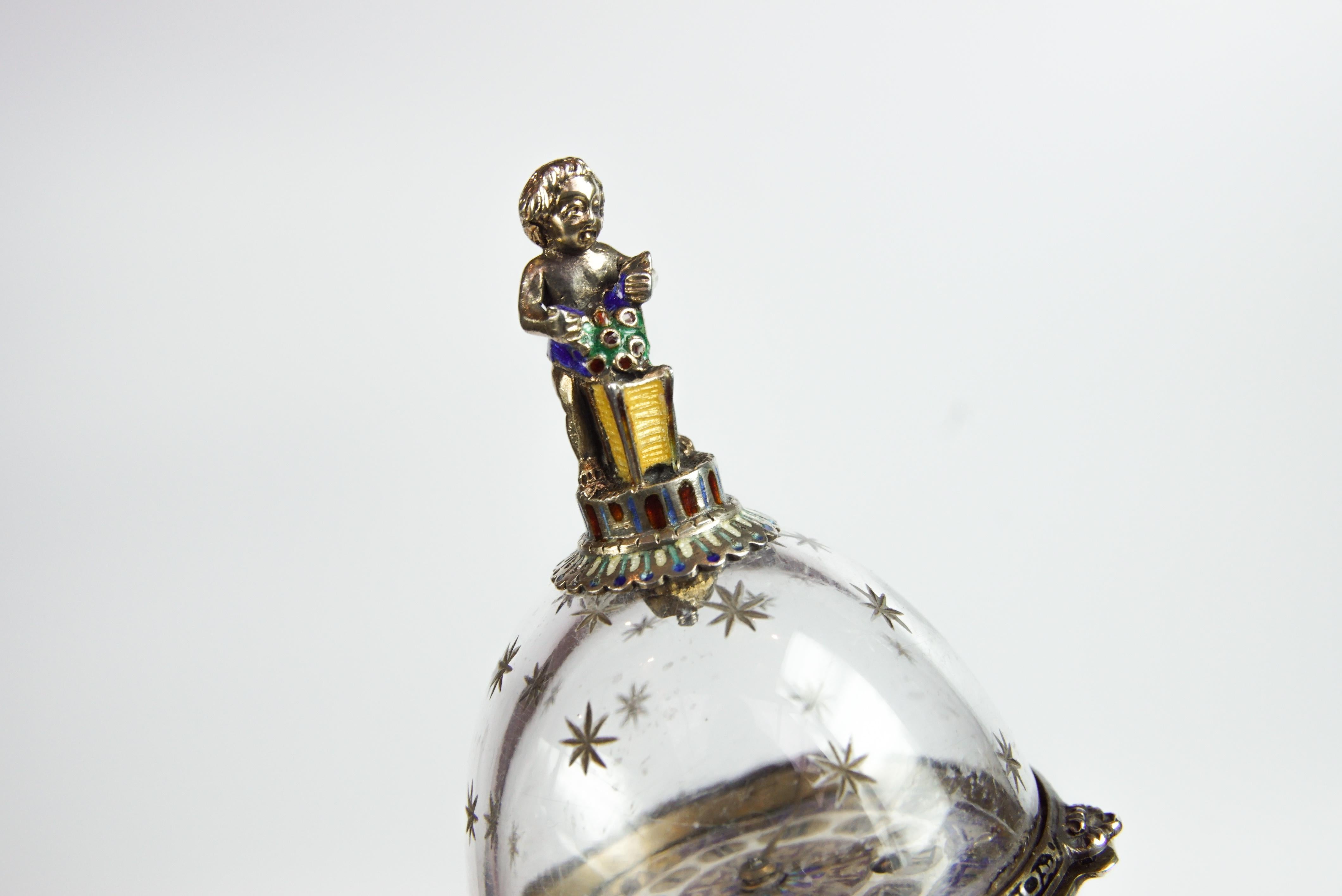 Rare Silver, Rock Crystal, and Enamel Globe 'Vienna Egg' Clock by Hermann Bohm 5
