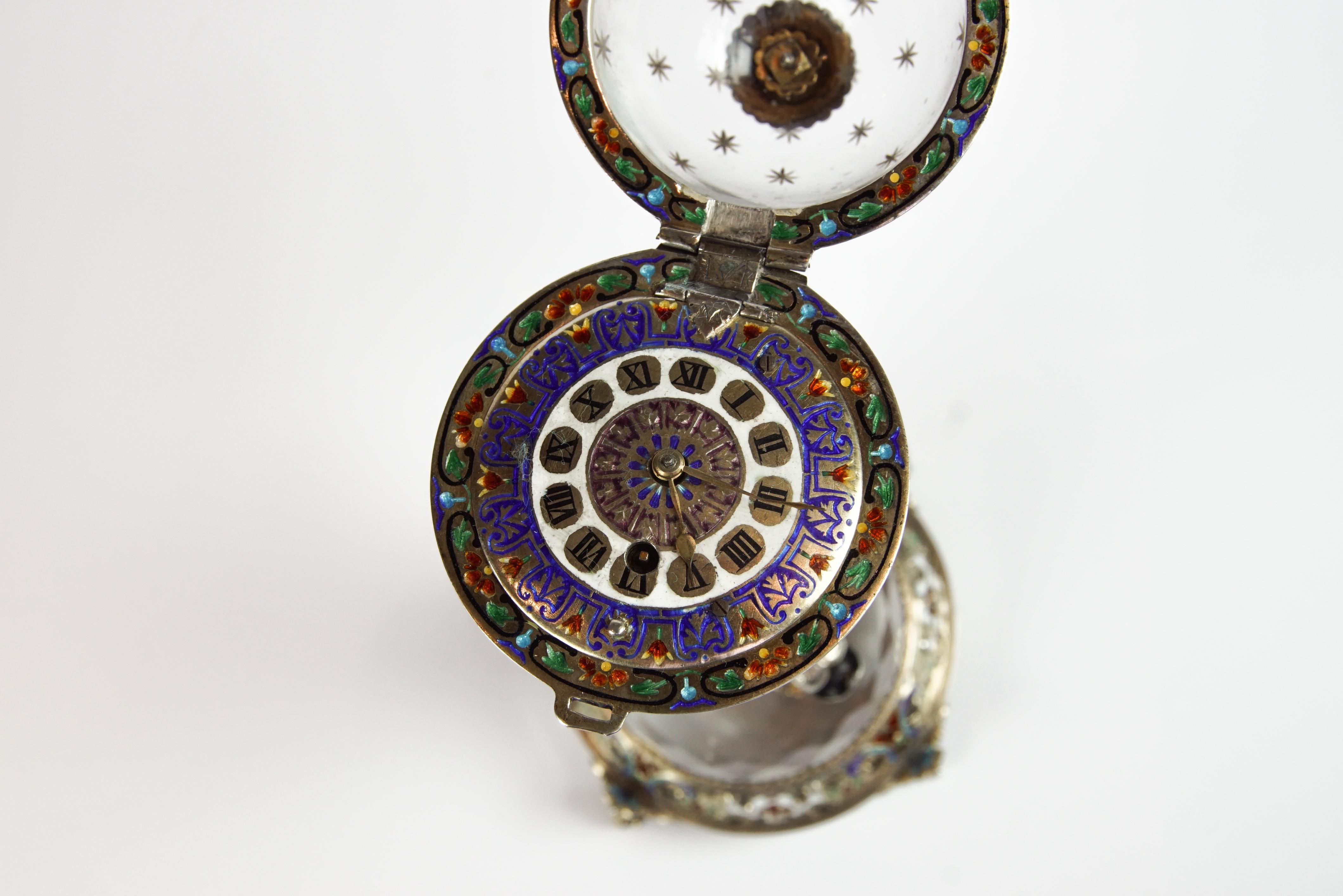Rare Silver, Rock Crystal, and Enamel Globe 'Vienna Egg' Clock by Hermann Bohm 7