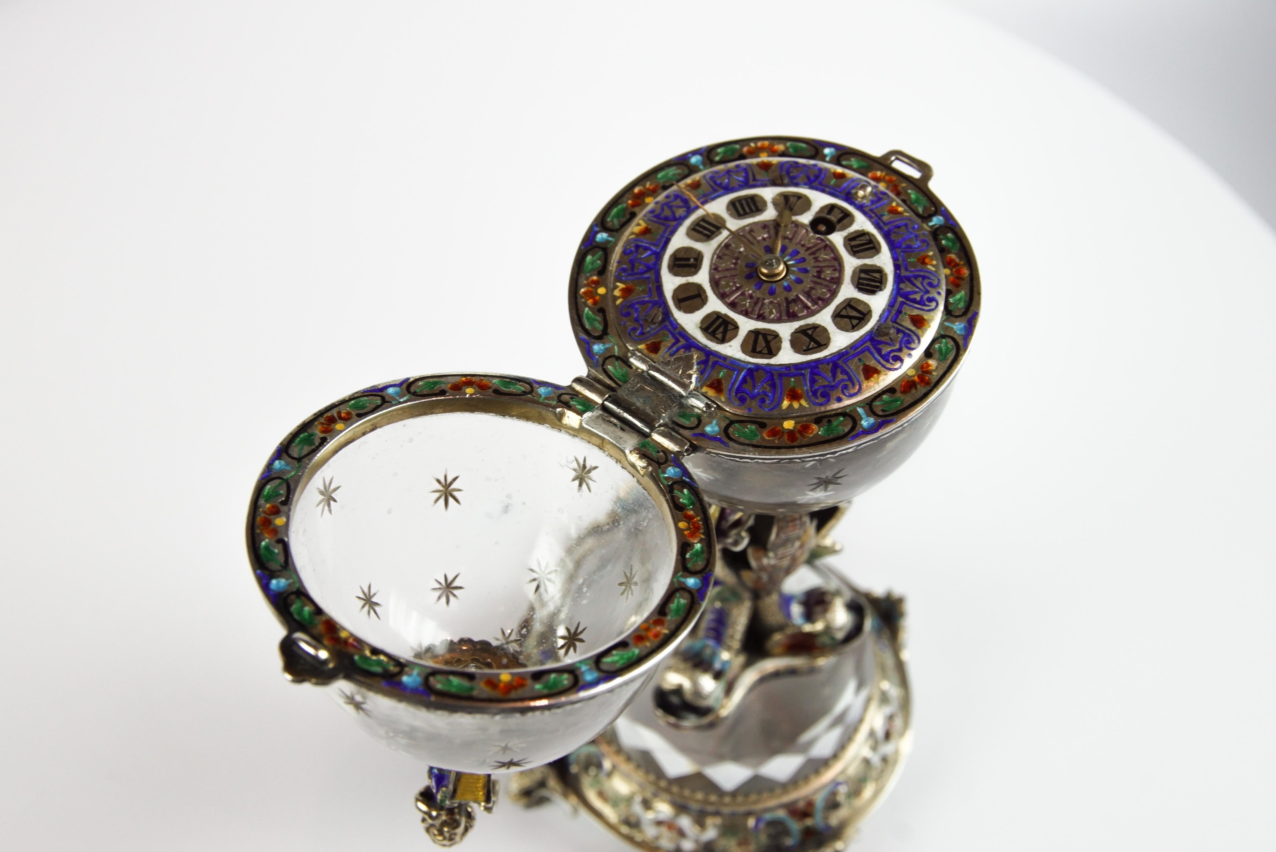 Rare Silver, Rock Crystal, and Enamel Globe 'Vienna Egg' Clock by Hermann Bohm 9