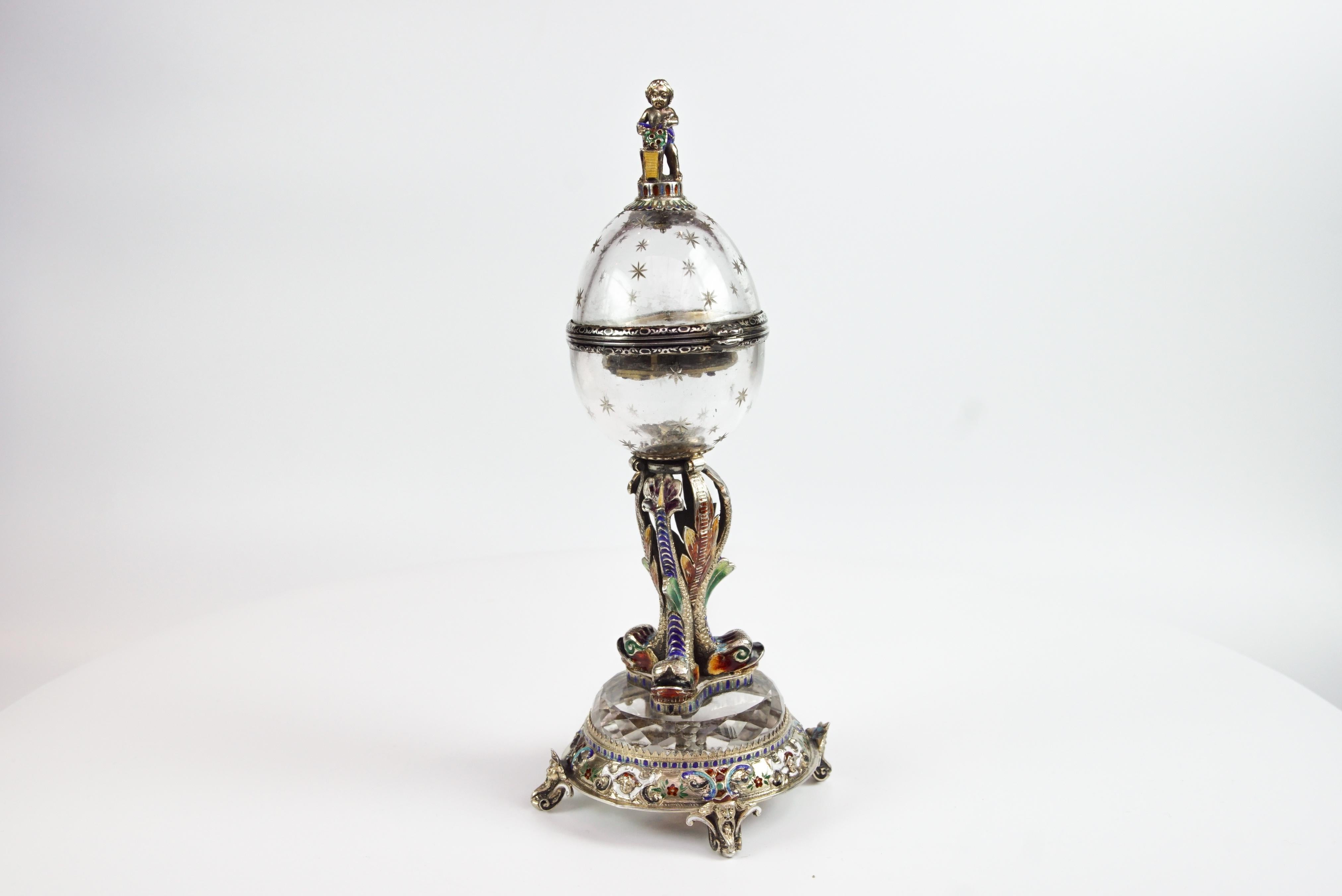 Rare Silver, Rock Crystal, and Enamel Globe Clock by Hermann Bohm,

Rock Crystal Globe Clock, rock crystal with cut stars, Silver gilt and, multicolored enamels hinged, inside also enameled, corresponding dial, blued Breguet steel hands, gilt