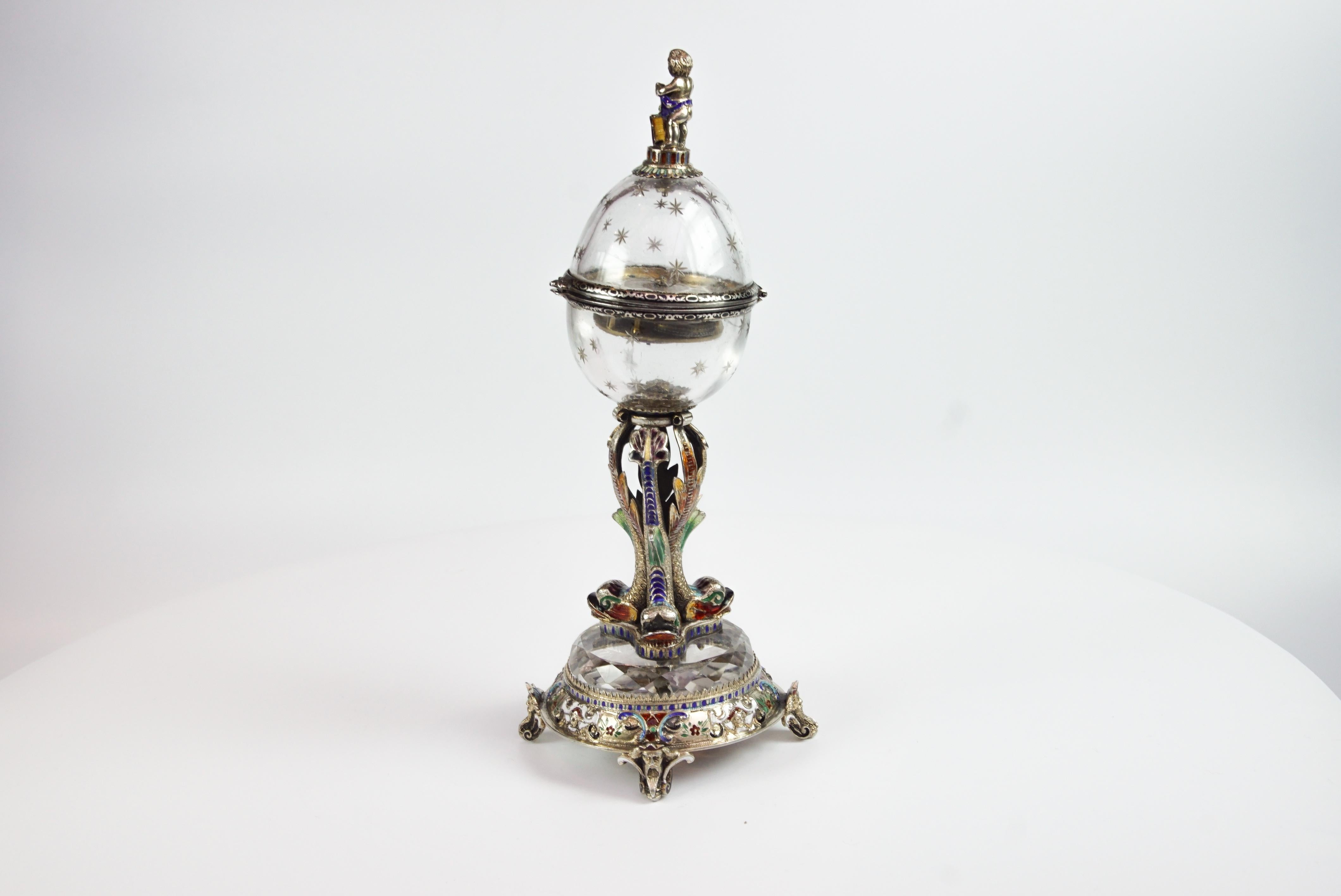 Austrian Rare Silver, Rock Crystal, and Enamel Globe 'Vienna Egg' Clock by Hermann Bohm