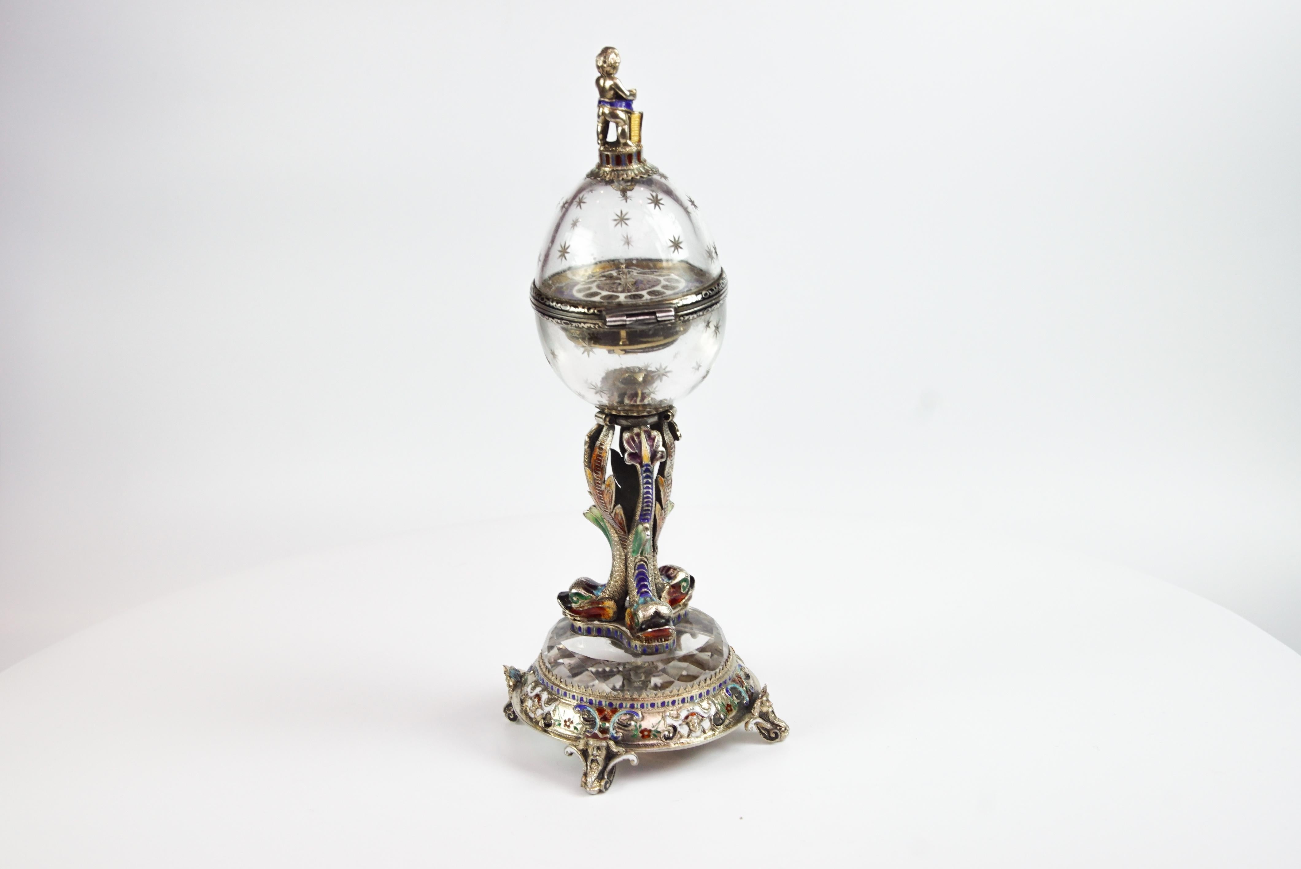 Rare Silver, Rock Crystal, and Enamel Globe 'Vienna Egg' Clock by Hermann Bohm In Good Condition In New York, NY