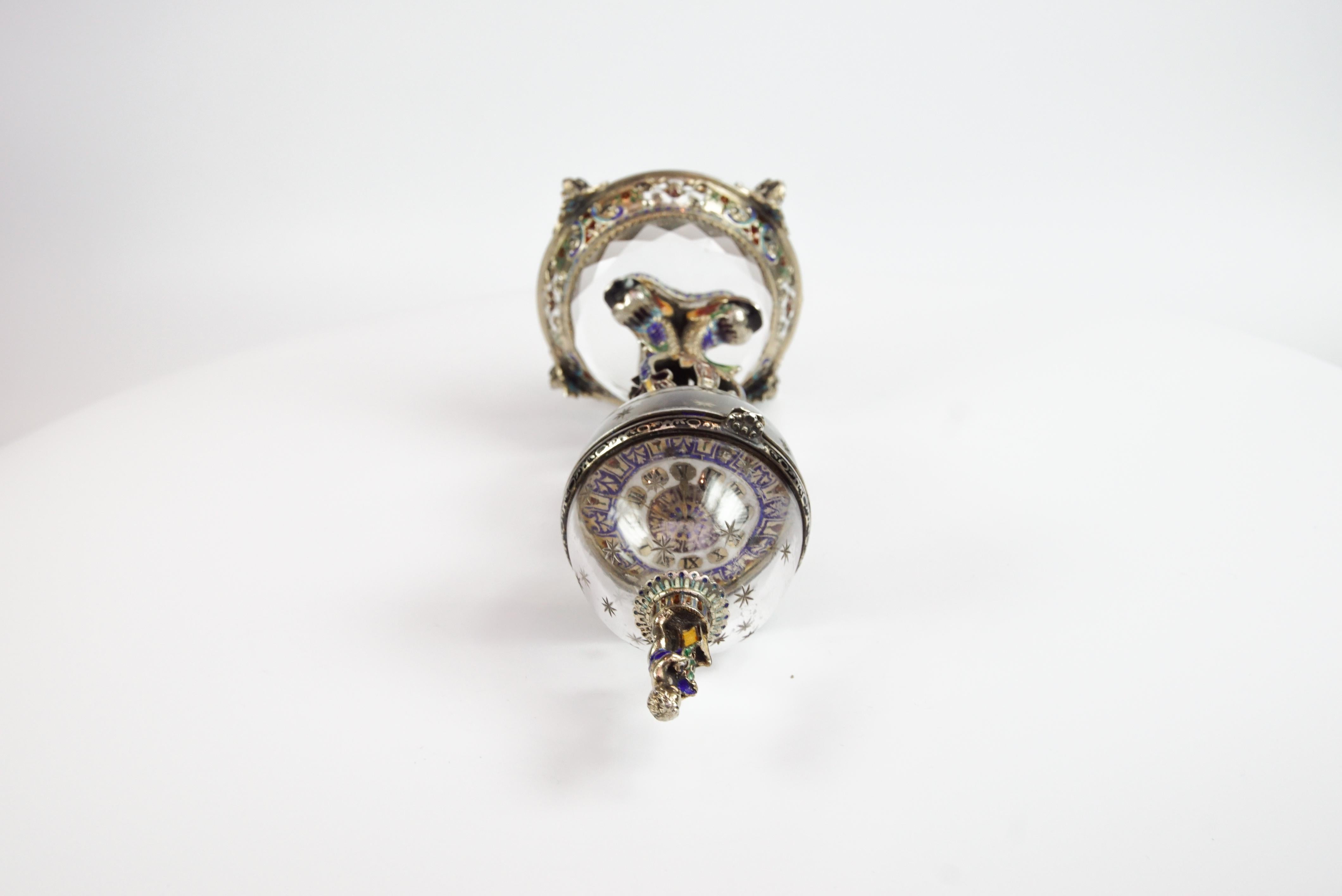 19th Century Rare Silver, Rock Crystal, and Enamel Globe 'Vienna Egg' Clock by Hermann Bohm