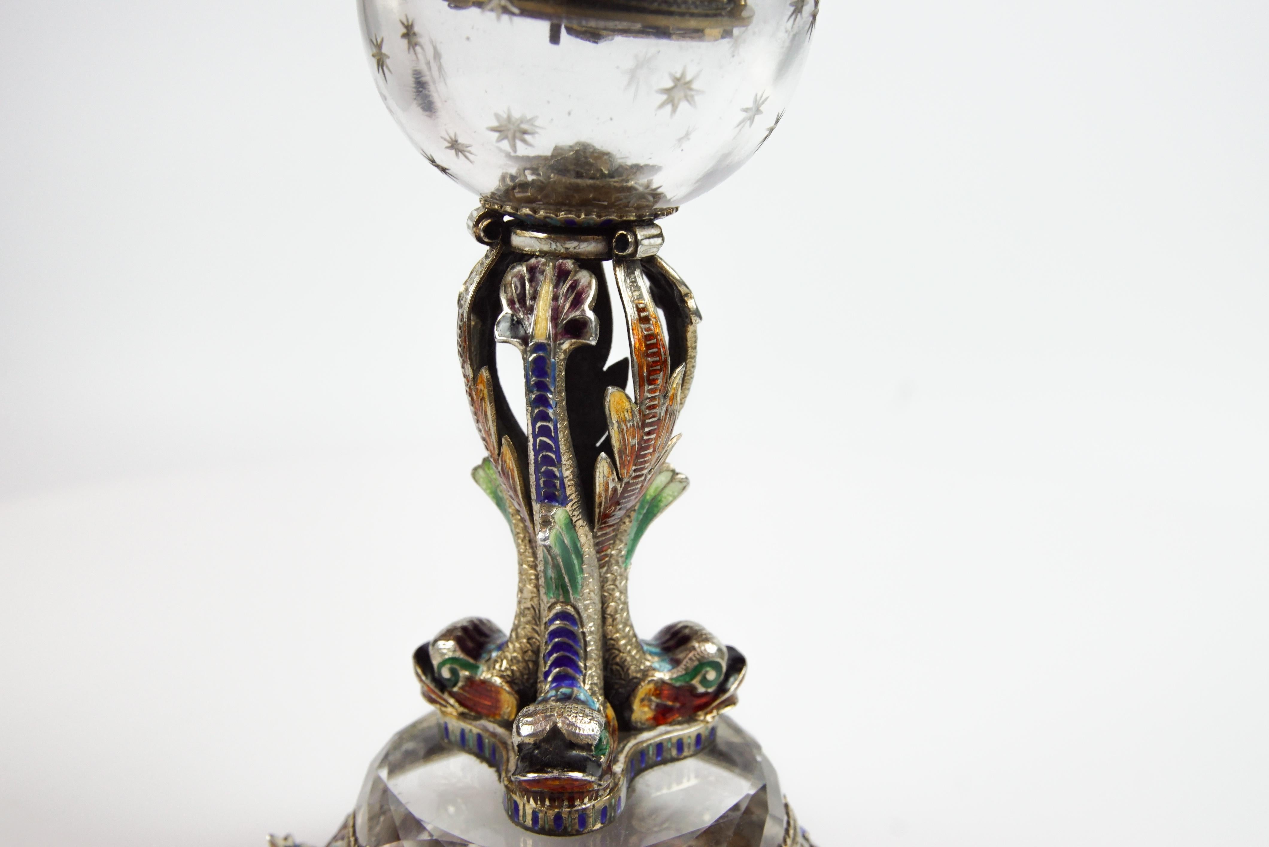 Rare Silver, Rock Crystal, and Enamel Globe 'Vienna Egg' Clock by Hermann Bohm 3