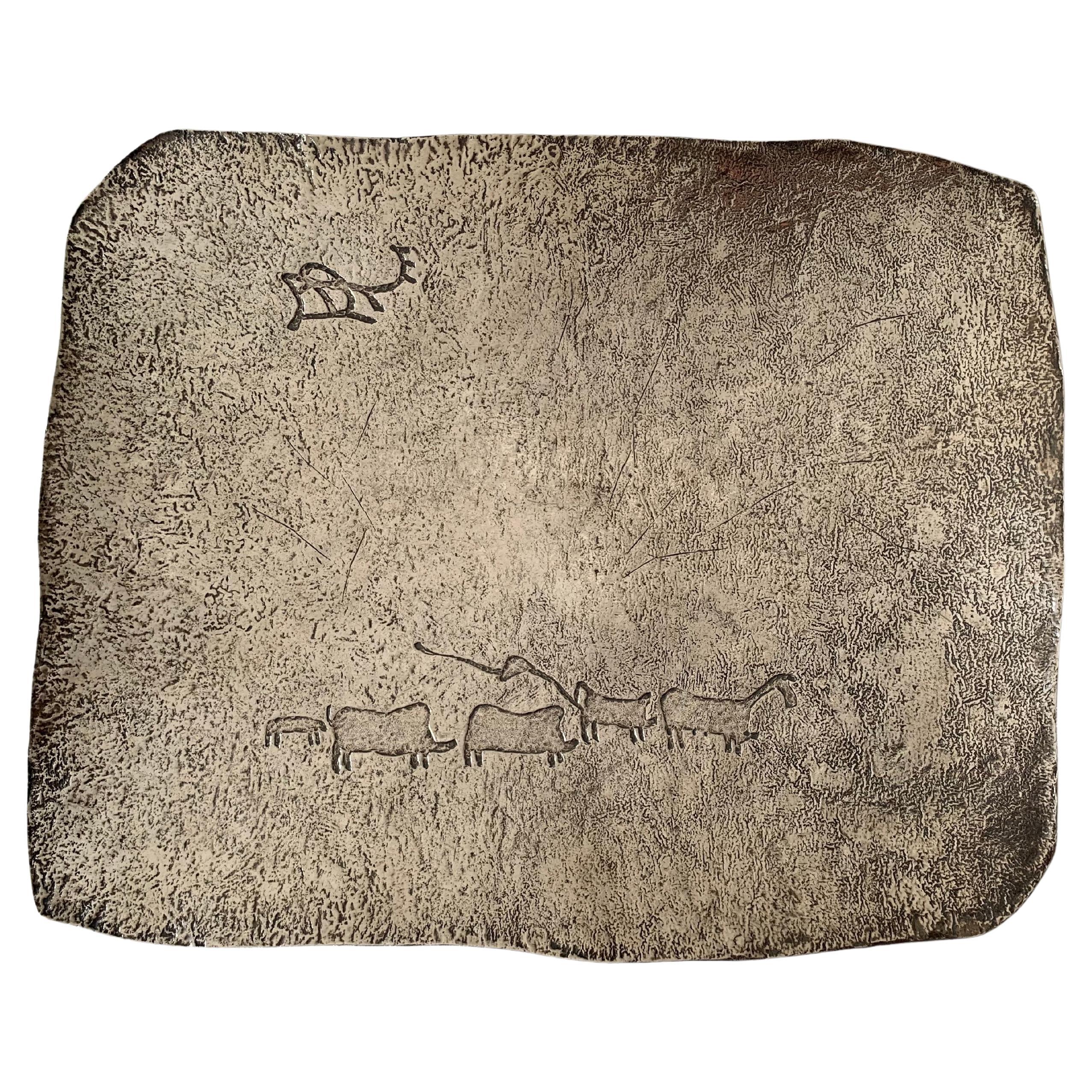 Vintage solid silver samorodok rectangular dish - an extremely rare tray or plate of a freeform rectangular shape with ancient cave painting inspired motifs of reindeer etc and raised on a polished footrim - the dish's textured decoration is