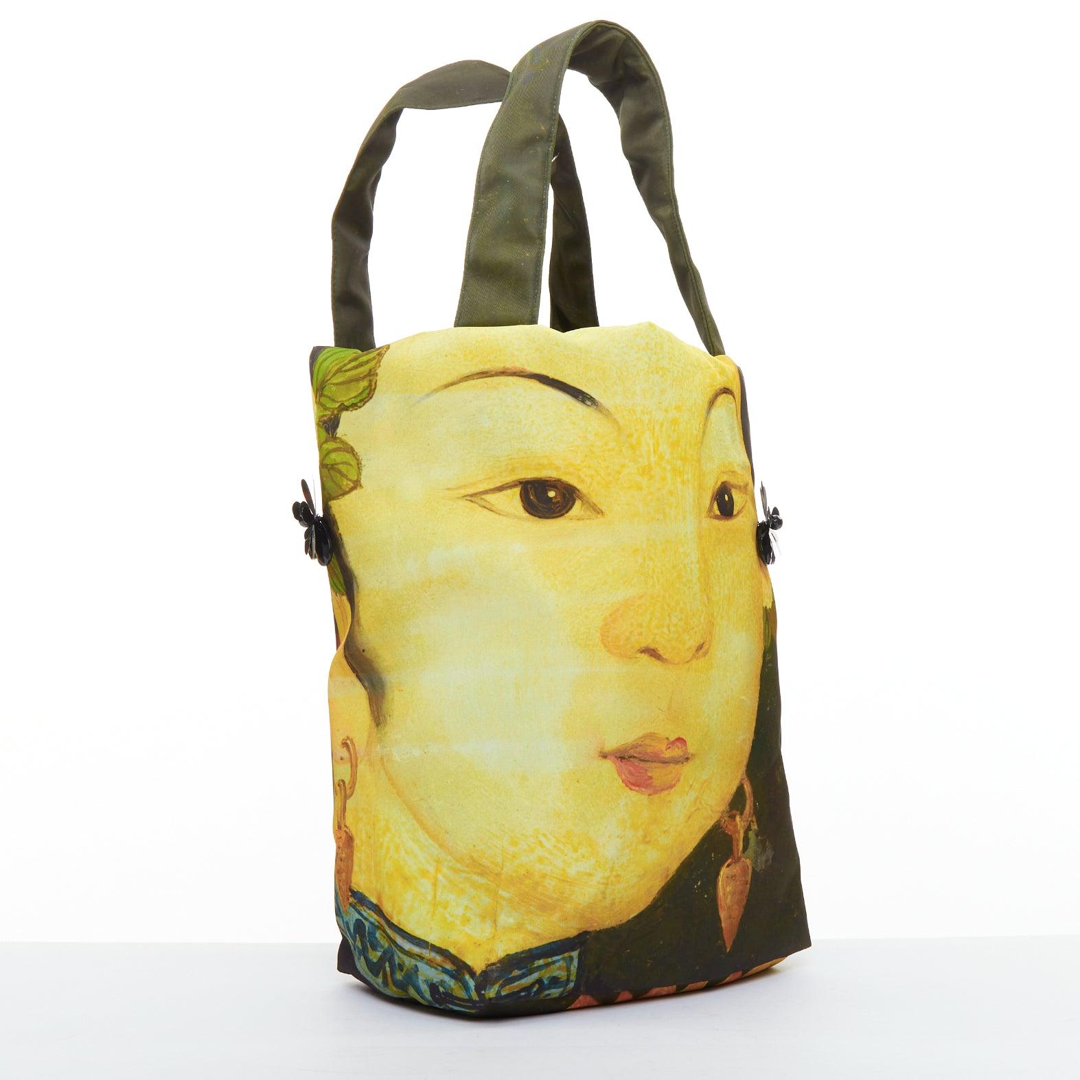 Beige rare SIMONE ROCHA Ming Ming Maiden print embellished green nylon tote bag en vente