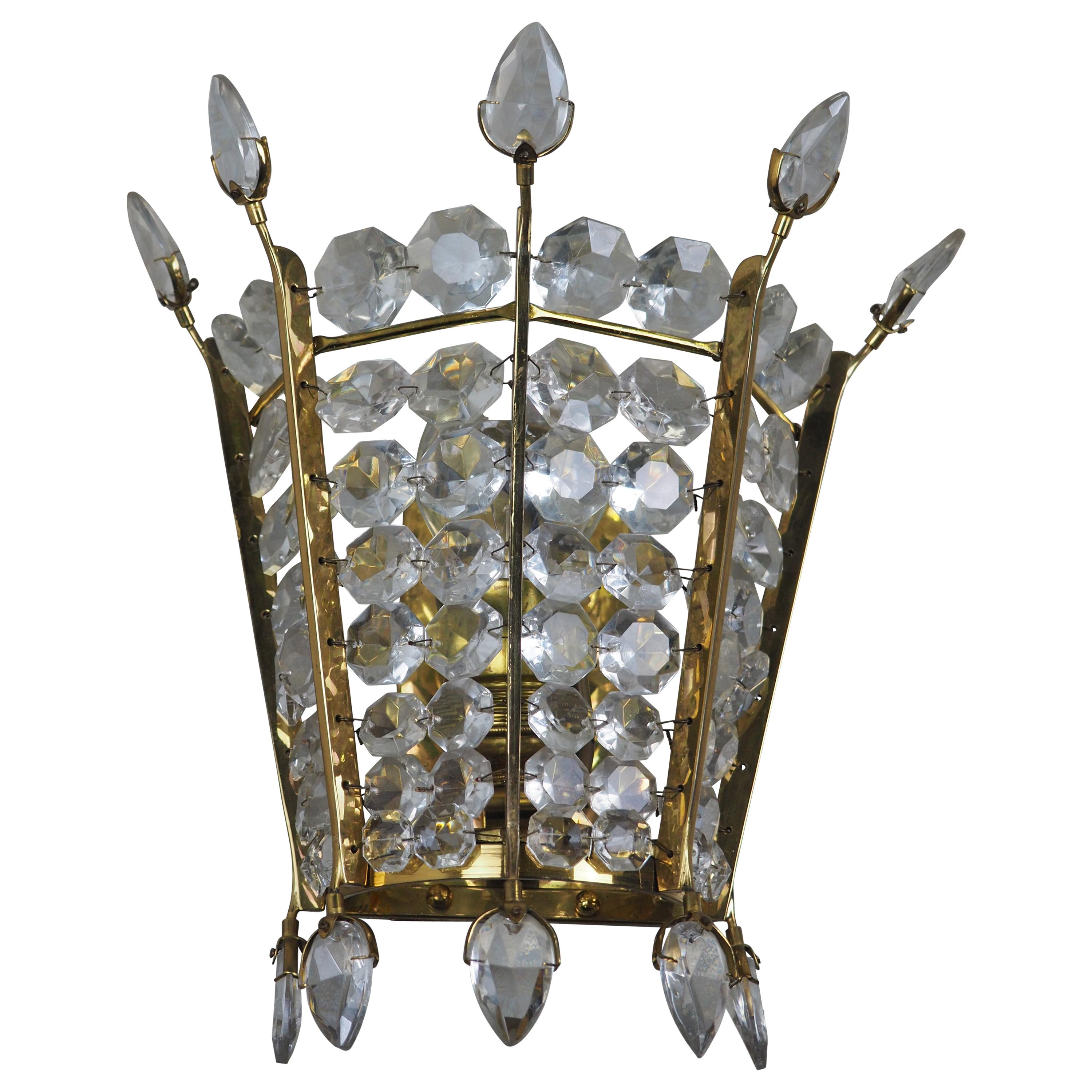 Rare Single Crystal and Brass Wall Sconce by Bakalowits, Austria, circa 1950s