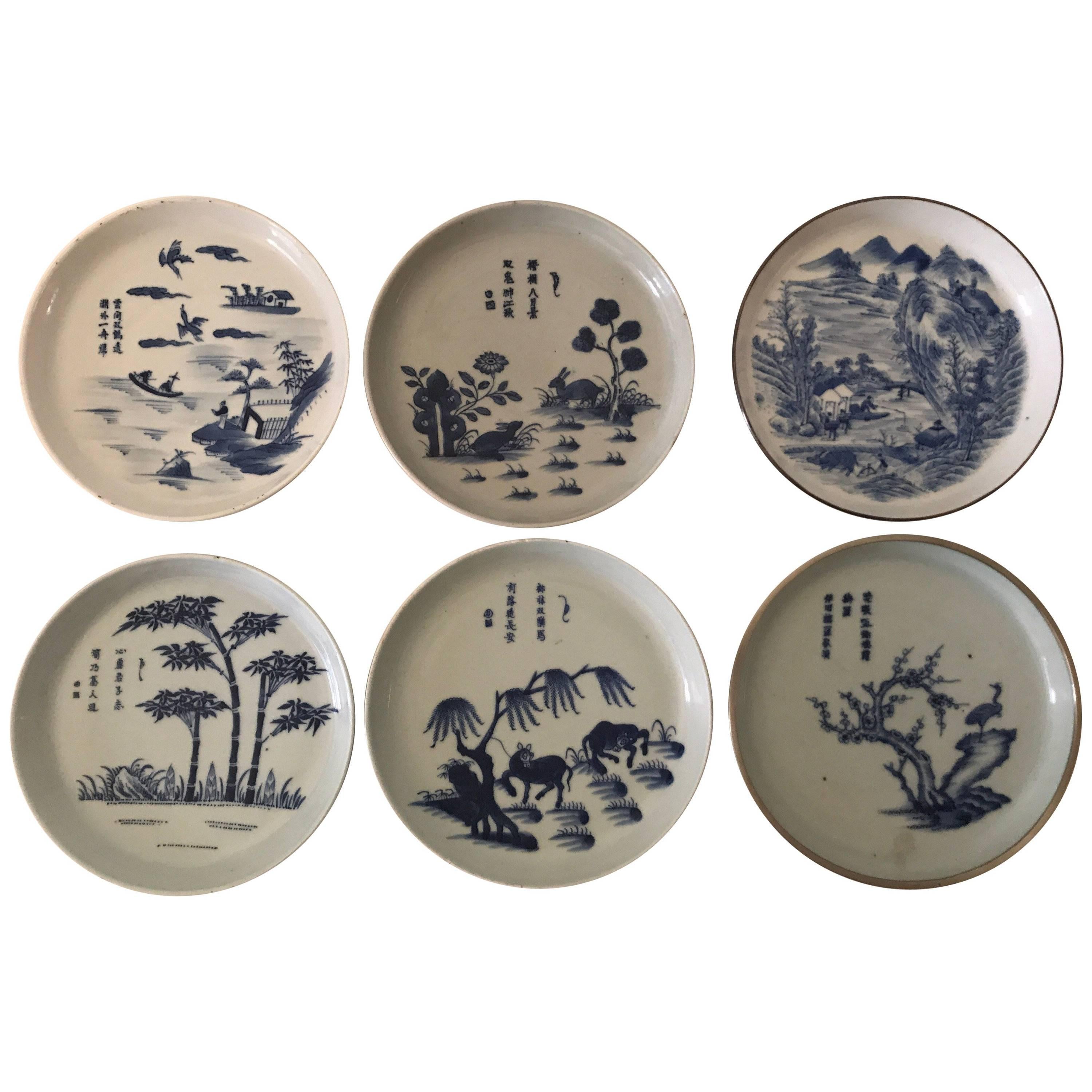 Rare Six Chinese Blue and White Poem Dishes, 18th Century For Sale