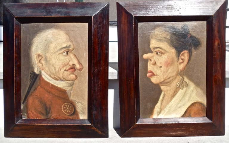 Rare set of six oil on canvas caricatures of known Spanish actors, actresses and notables from the early 19th century.

-- All identified on reverse
-- Original condition
-- Remained in a prominent Beacon Hill collection until present
-- Oil on