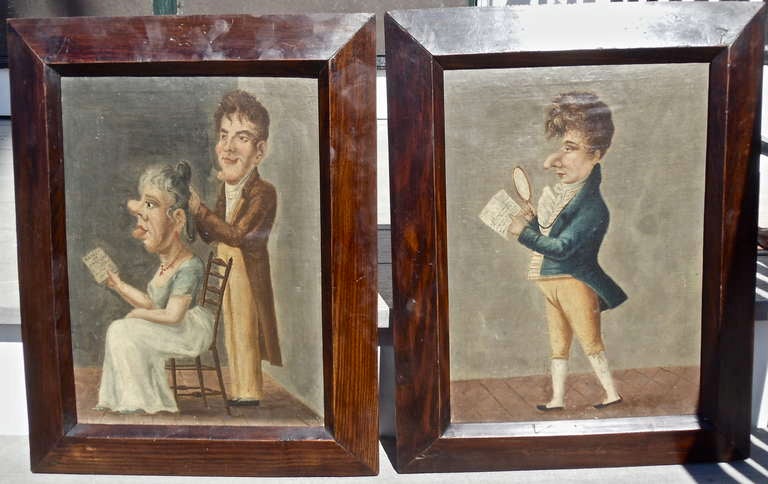 Regency Rare Six Early 19th Century Caricature Portrait Paintings of Spanish Actors