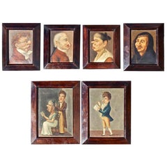 Six rares peintures de portraits caricaturaux d'acteurs espagnols du début du 19e siècle