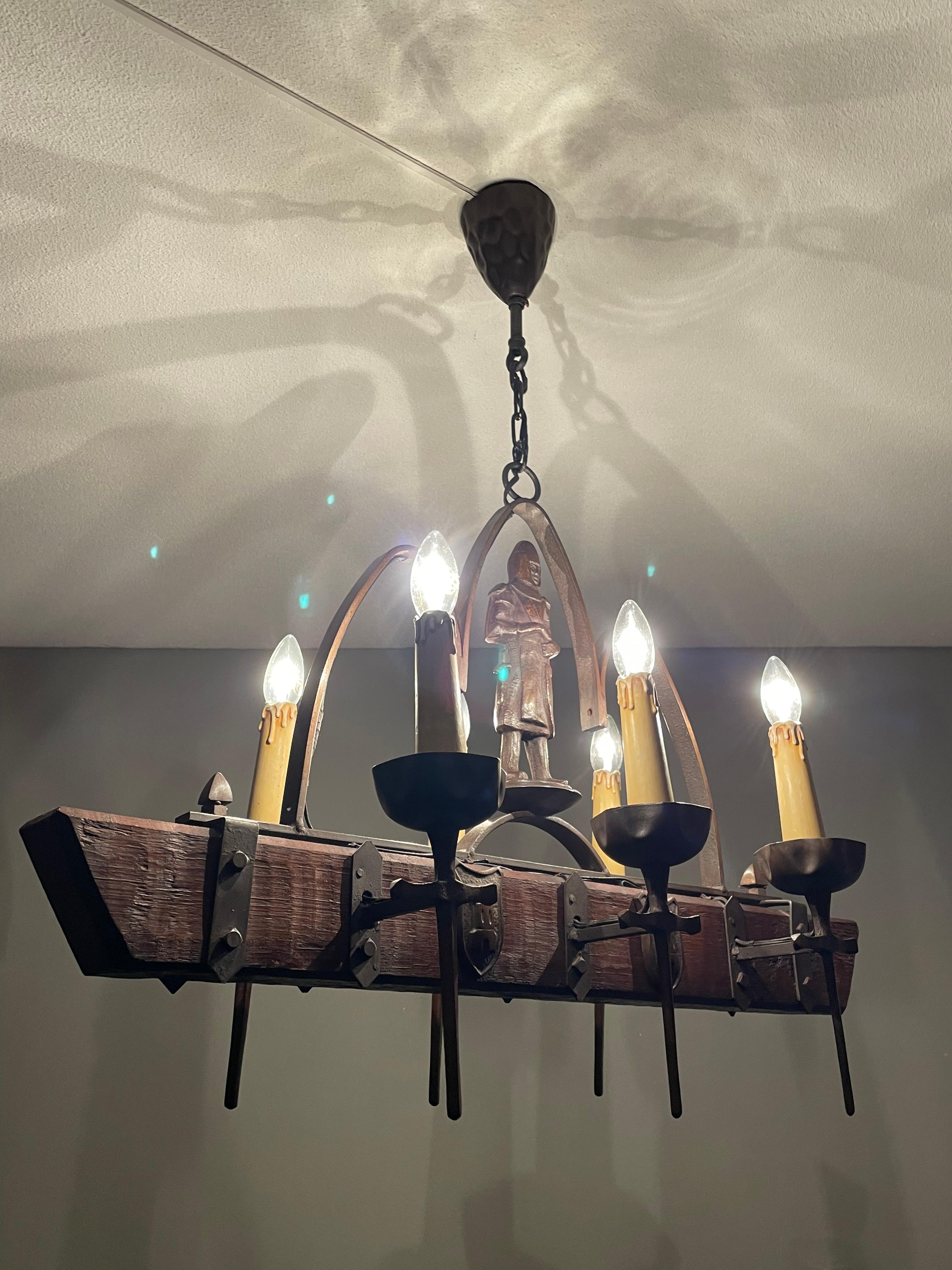 Rare Six-Light Gothic Revival Chandelier with Bronzed Knight & Swords & Crests For Sale 7