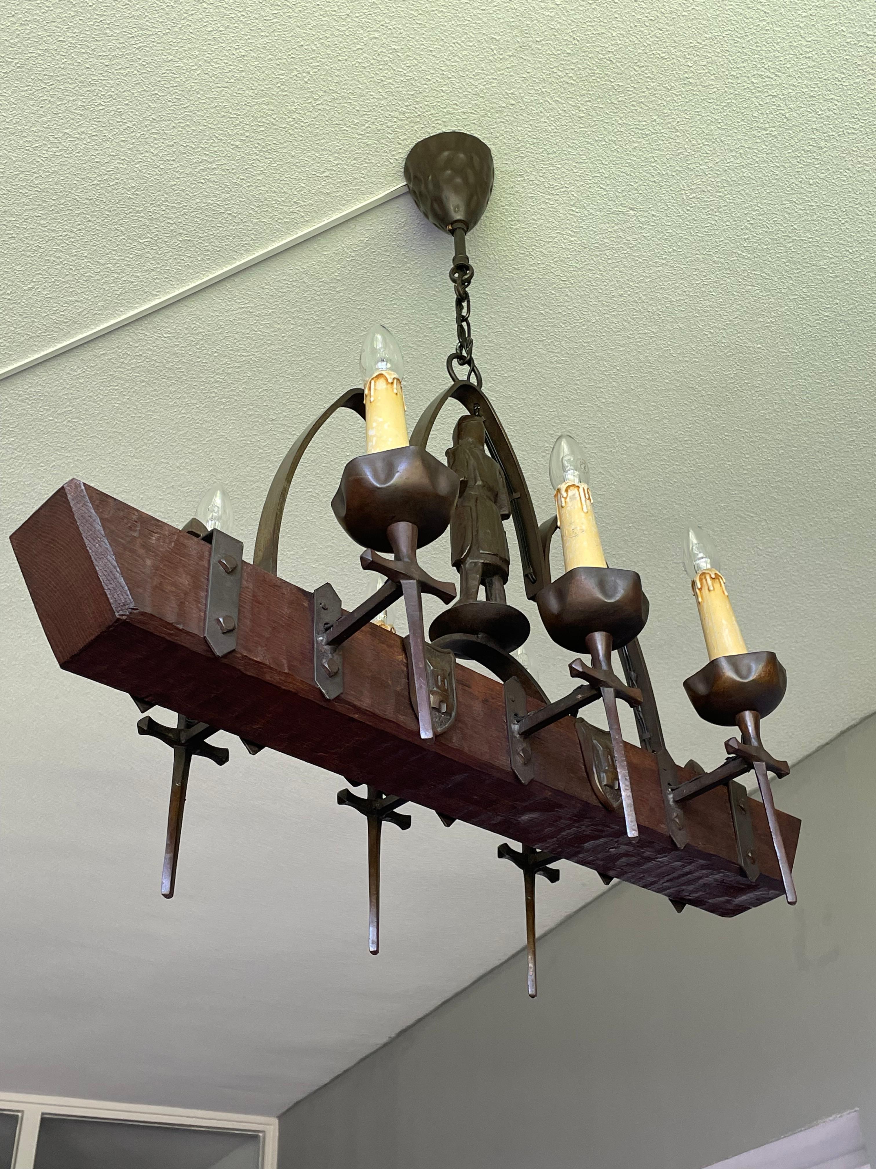 Rare Six-Light Gothic Revival Chandelier with Bronzed Knight & Swords & Crests For Sale 9