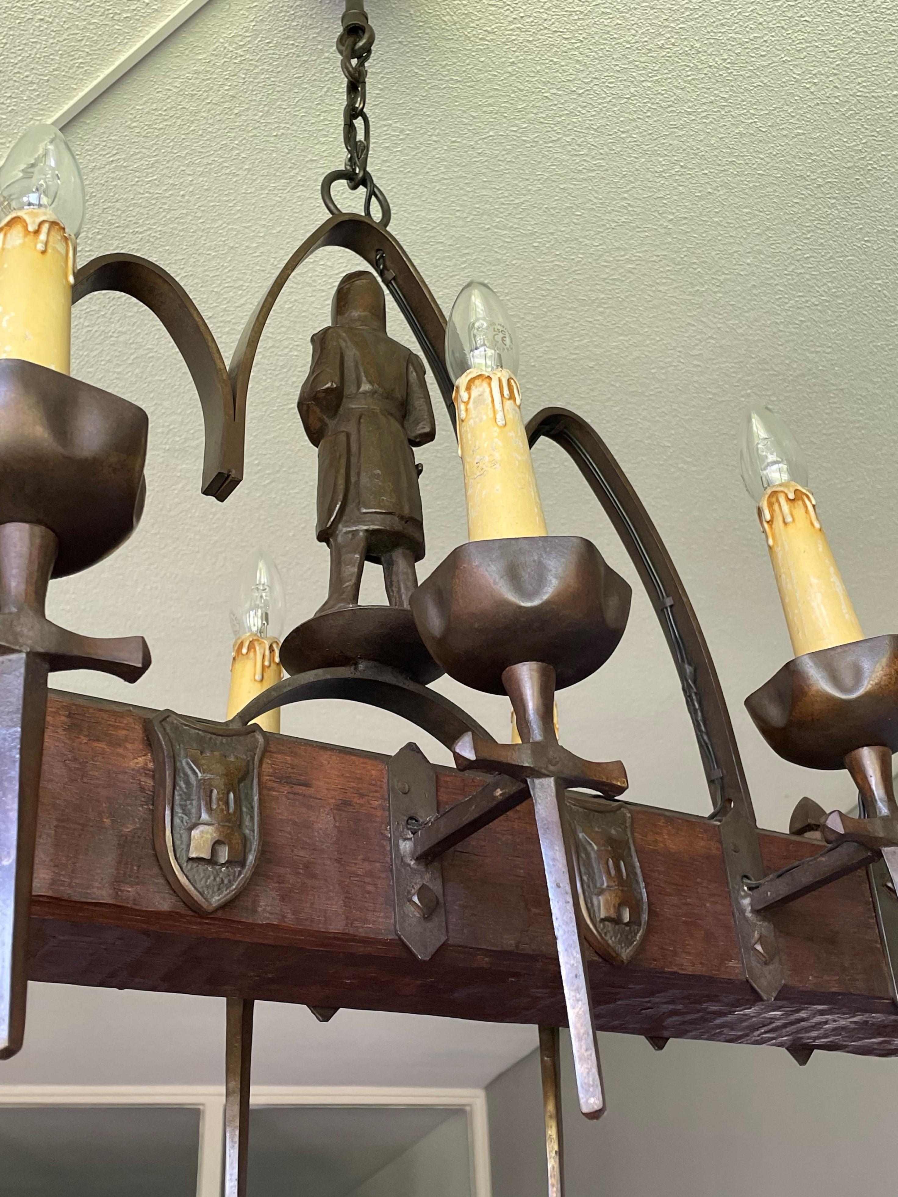 Rare Six-Light Gothic Revival Chandelier with Bronzed Knight & Swords & Crests For Sale 10