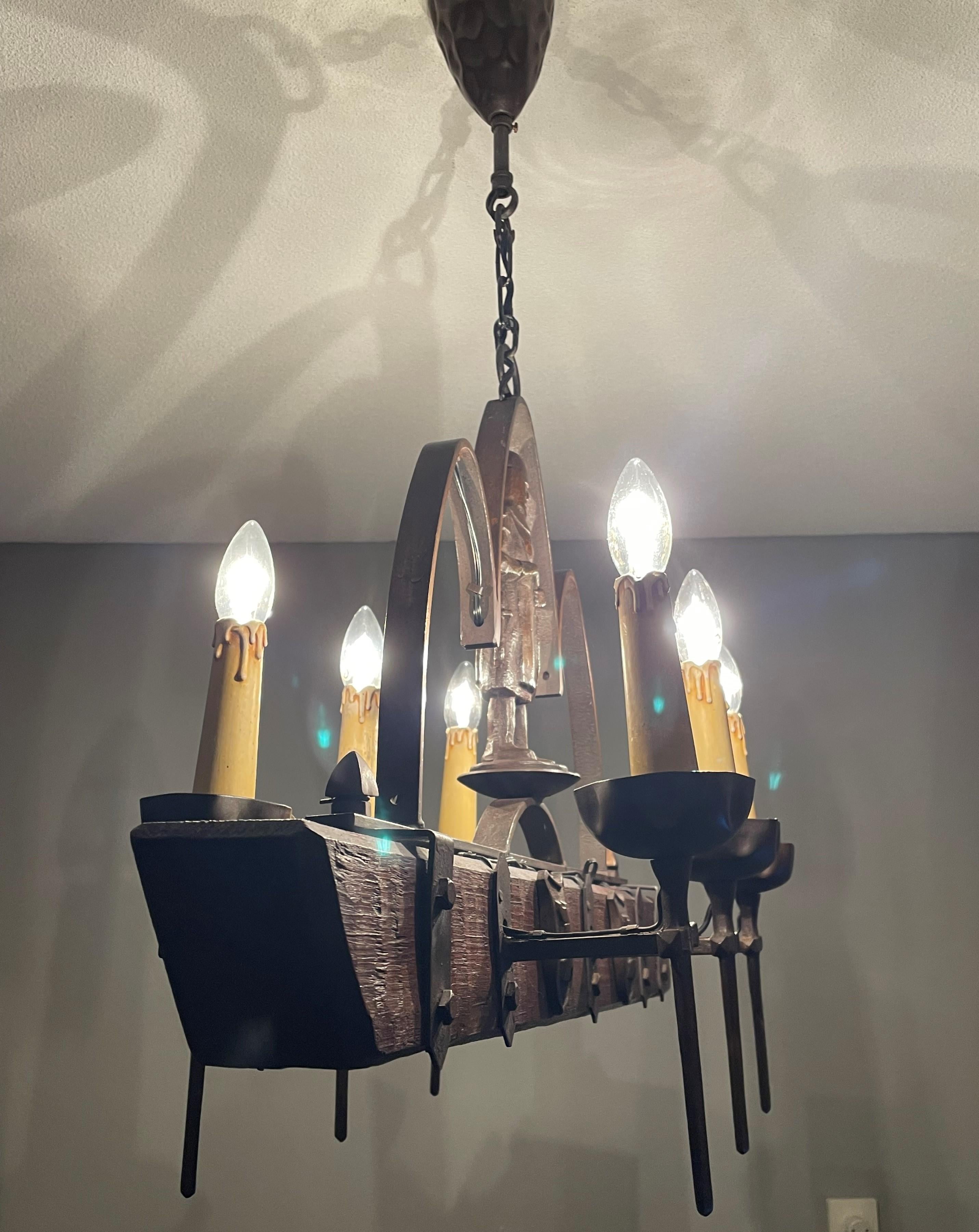 Rare Six-Light Gothic Revival Chandelier with Bronzed Knight & Swords & Crests For Sale 11