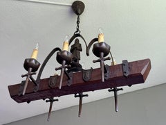 Rare Six-Light Gothic Revival Chandelier with Bronzed Knight & Swords & Crests