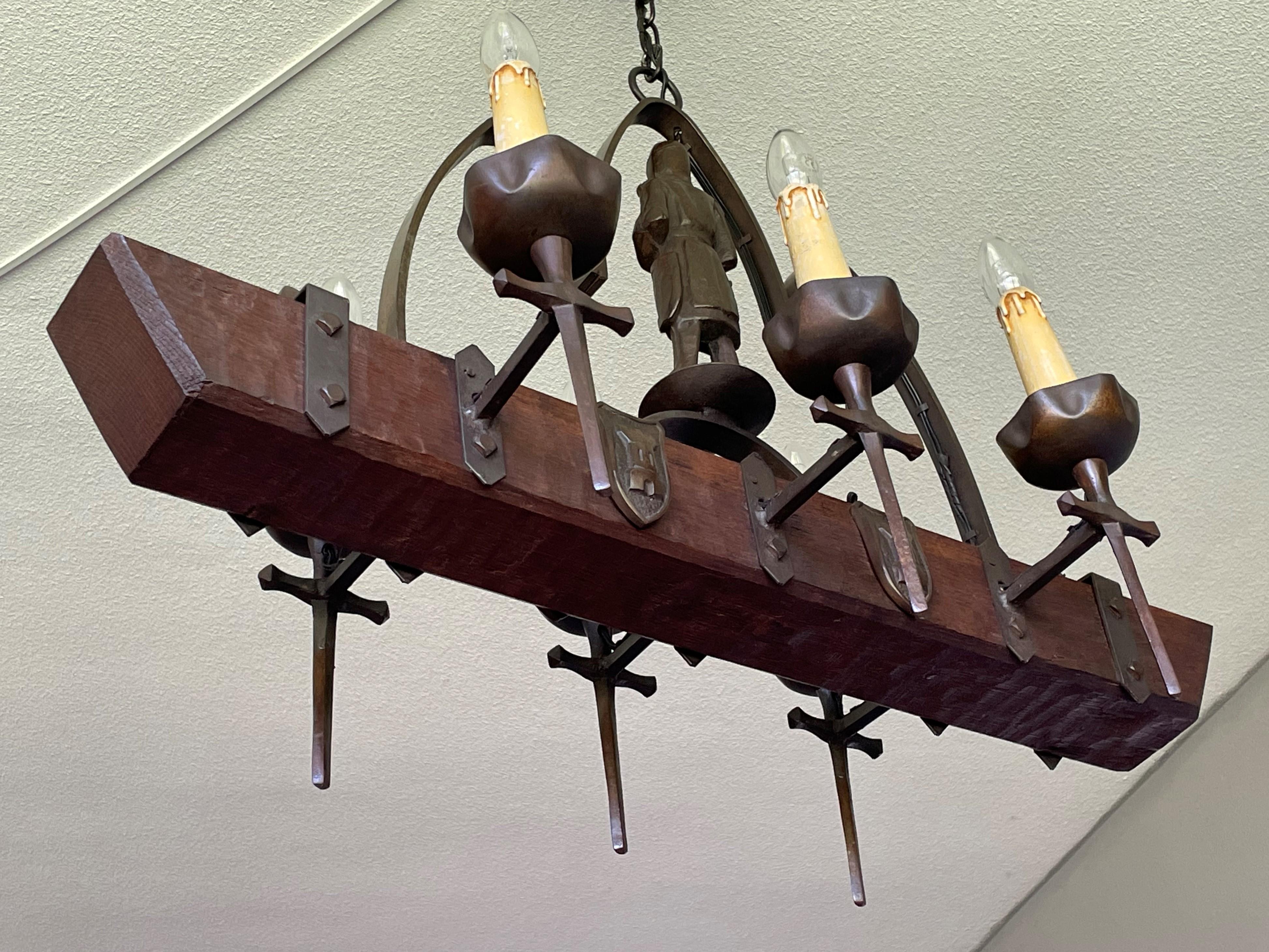 Rare Six-Light Gothic Revival Chandelier with Bronzed Knight & Swords & Crests For Sale 14