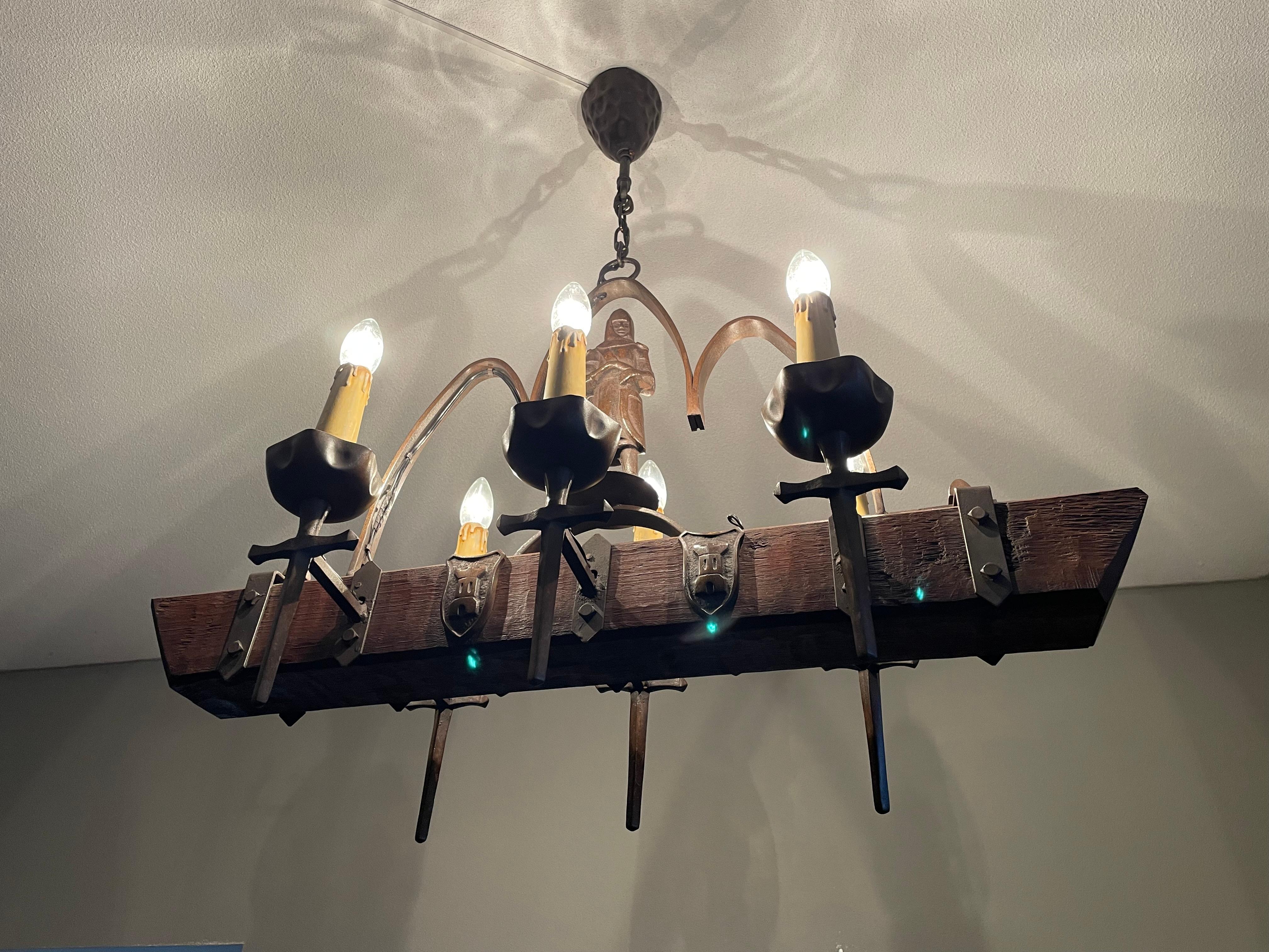 European Rare Six-Light Gothic Revival Chandelier with Bronzed Knight & Swords & Crests For Sale
