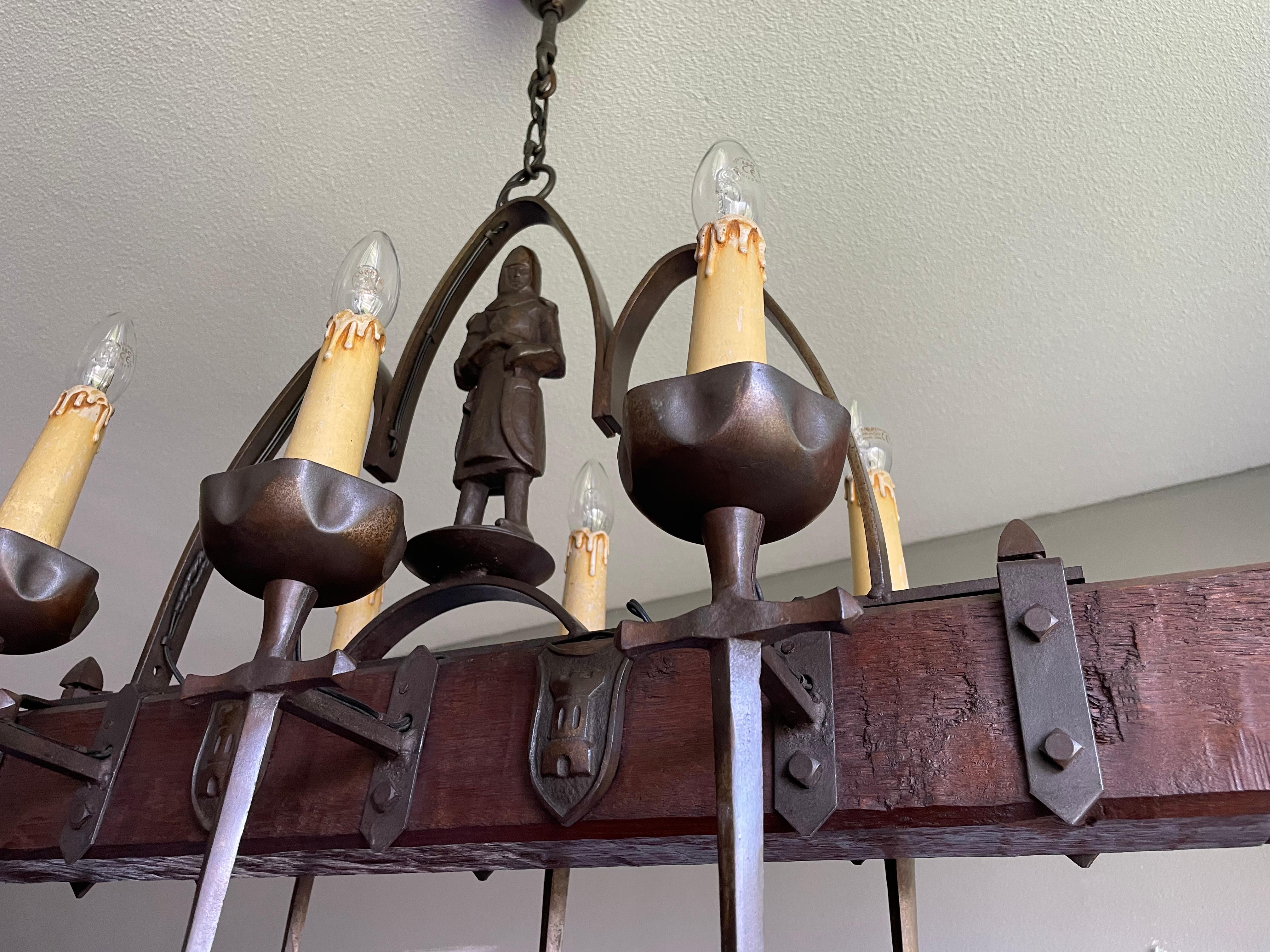 Rare Six-Light Gothic Revival Chandelier with Bronzed Knight & Swords & Crests For Sale 1