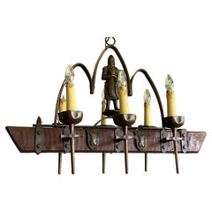Rare Six-Light Gothic Revival Chandelier with Bronzed Knight & Swords & Crests
