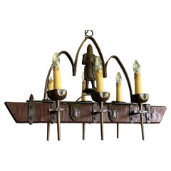 Retro Rare Six-Light Gothic Revival Chandelier with Bronzed Knight & Swords & Crests