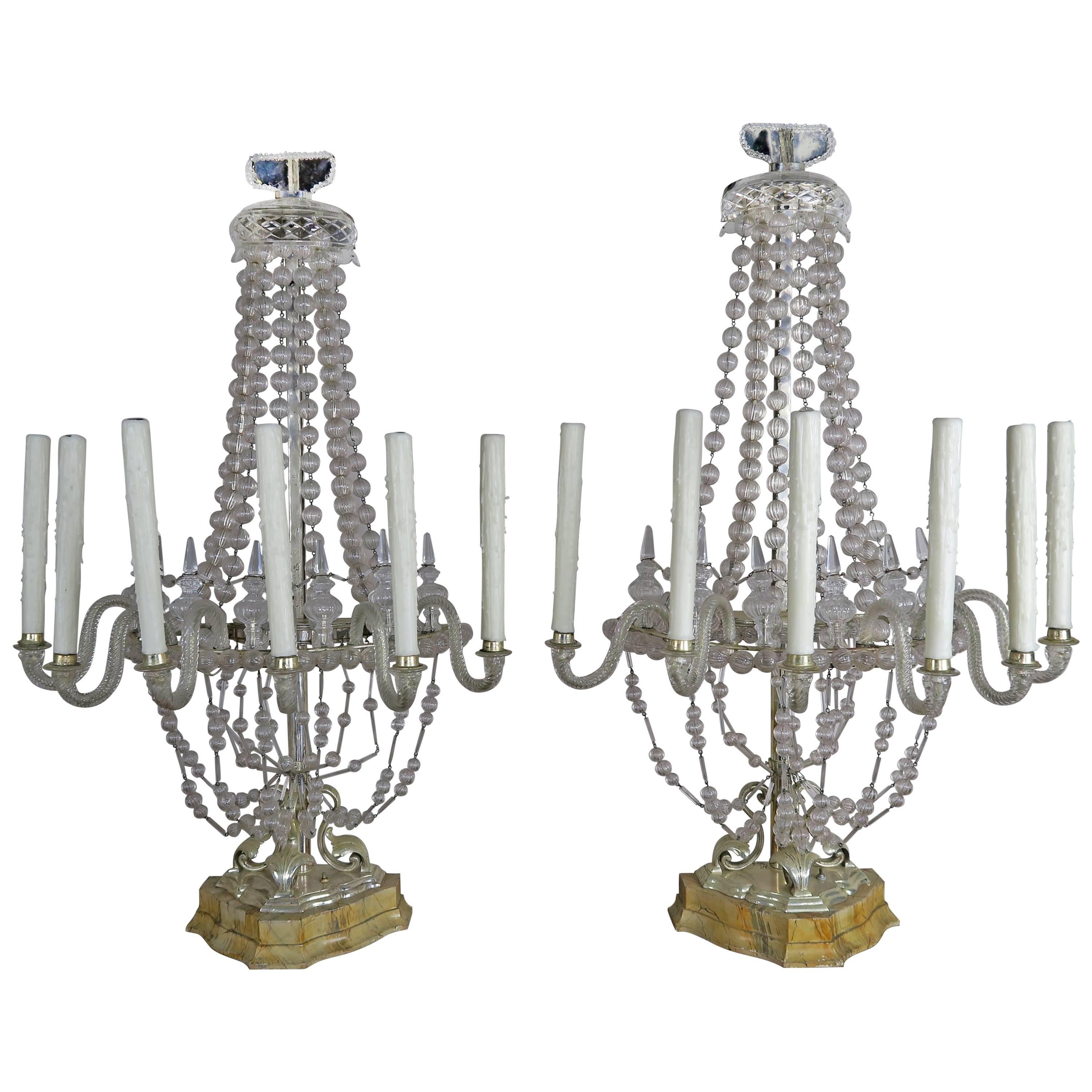 Rare Six-Light Handblown Murano Glass Lamps, Pair