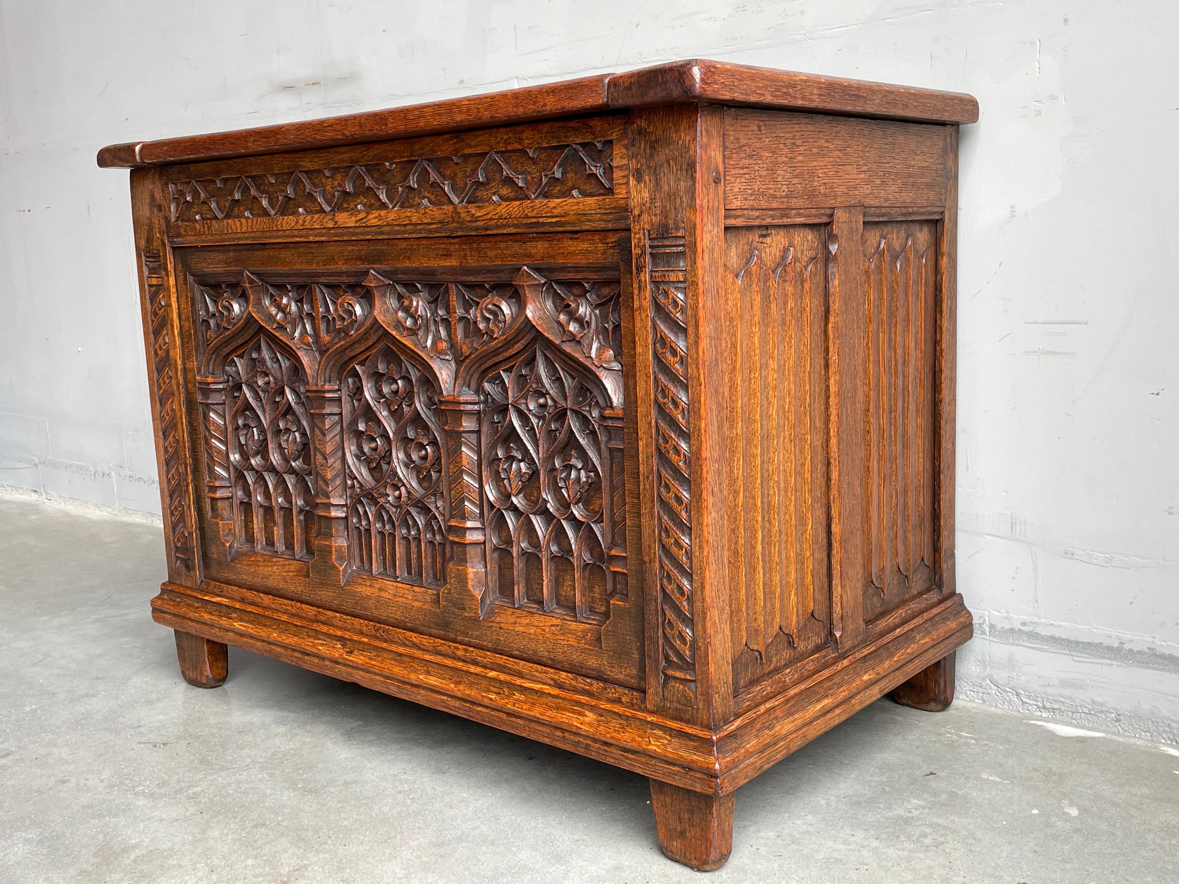 Rare Size Antique Gothic Revival Hand Carved Oak Chest / Trunk with Warm Patina 3